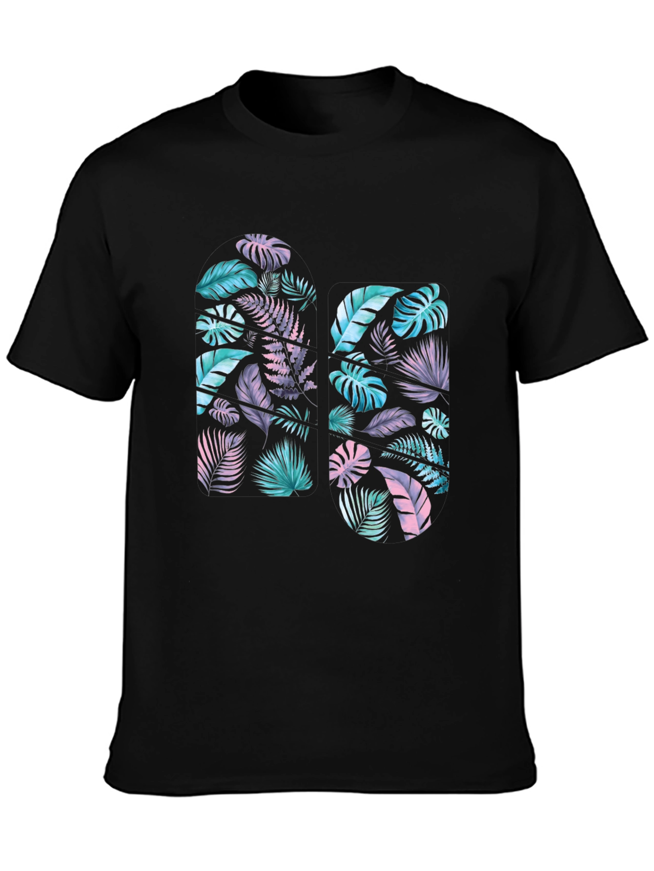 Tropical Leaf Print Black T-Shirt