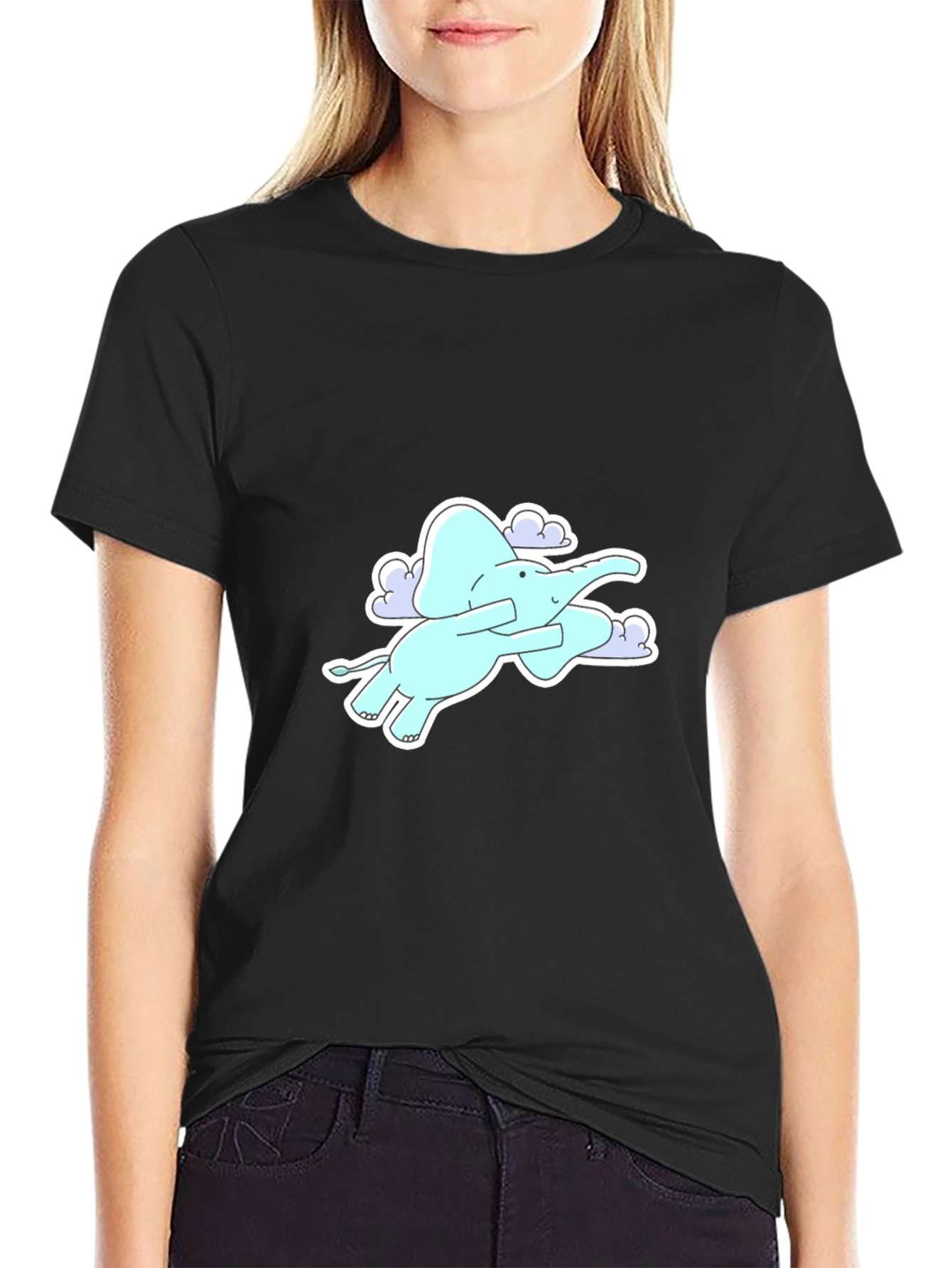 Elephant Flying in Clouds Graphic Tee - Black