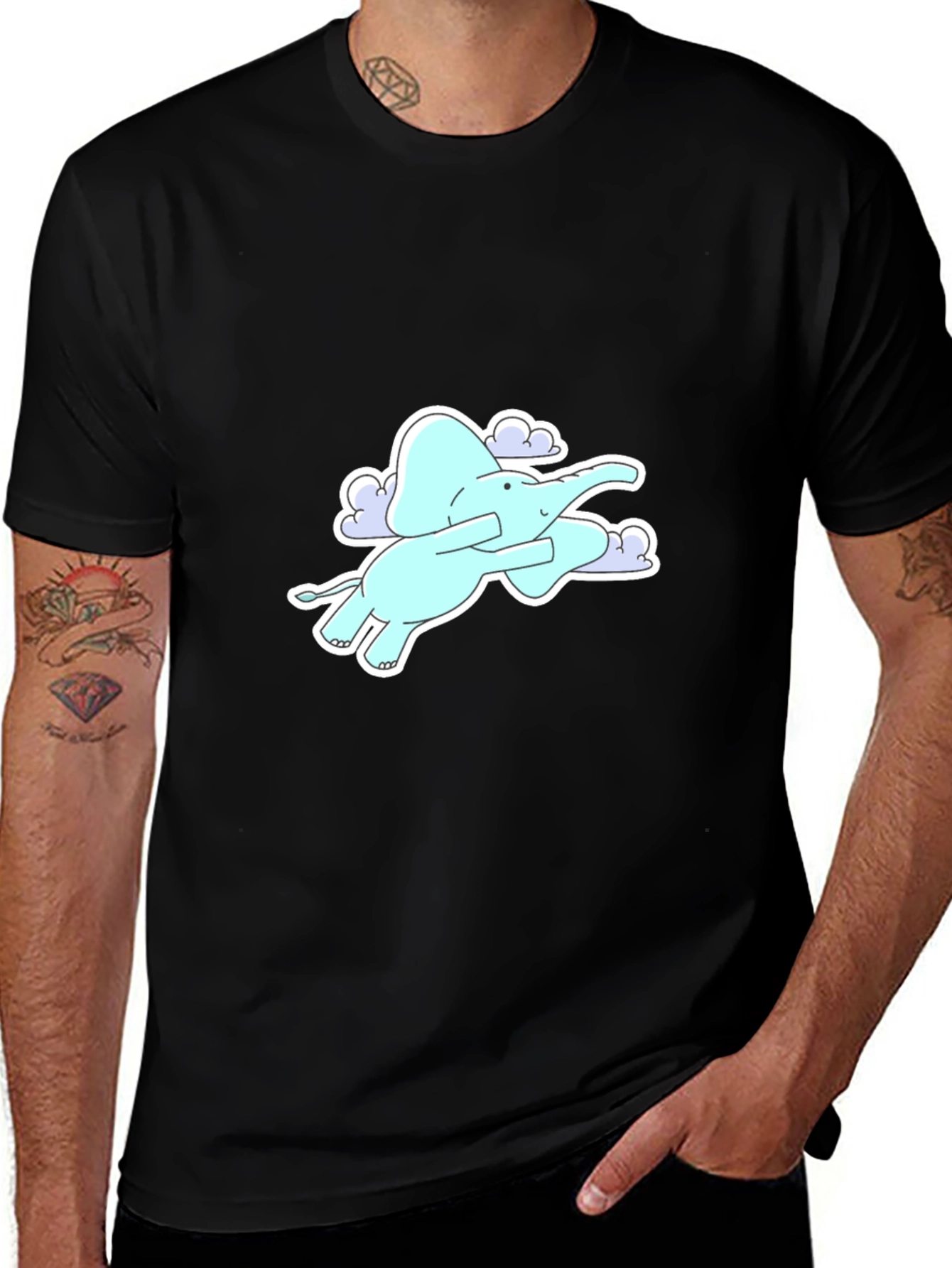 Elephant Flying in Clouds Graphic Tee - Black