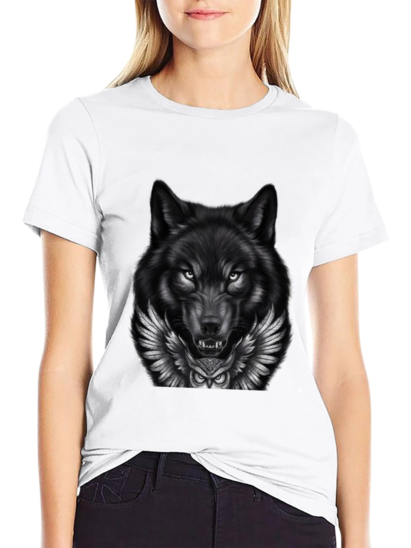 Wolf & Owl Graphic Print Mens Black T-Shirt
