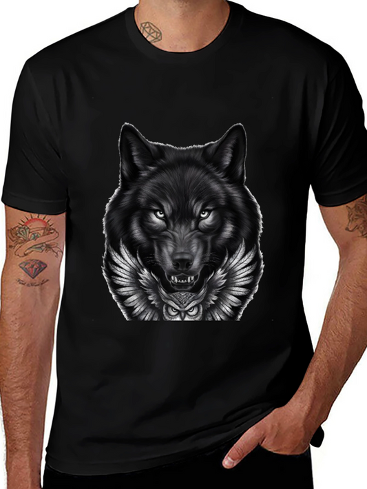 Wolf & Owl Graphic Print Mens Black T-Shirt