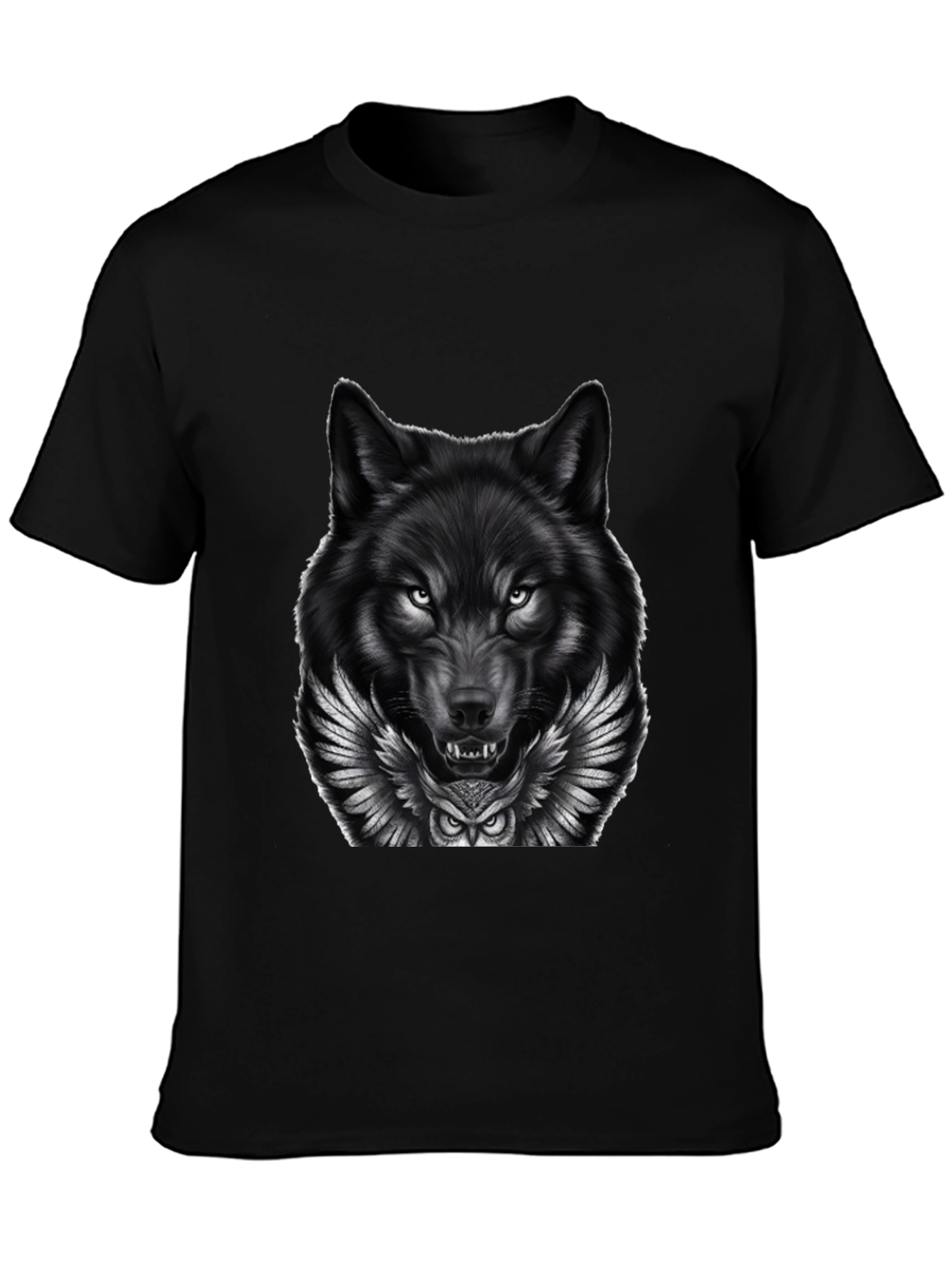 Wolf & Owl Graphic Print Mens Black T-Shirt