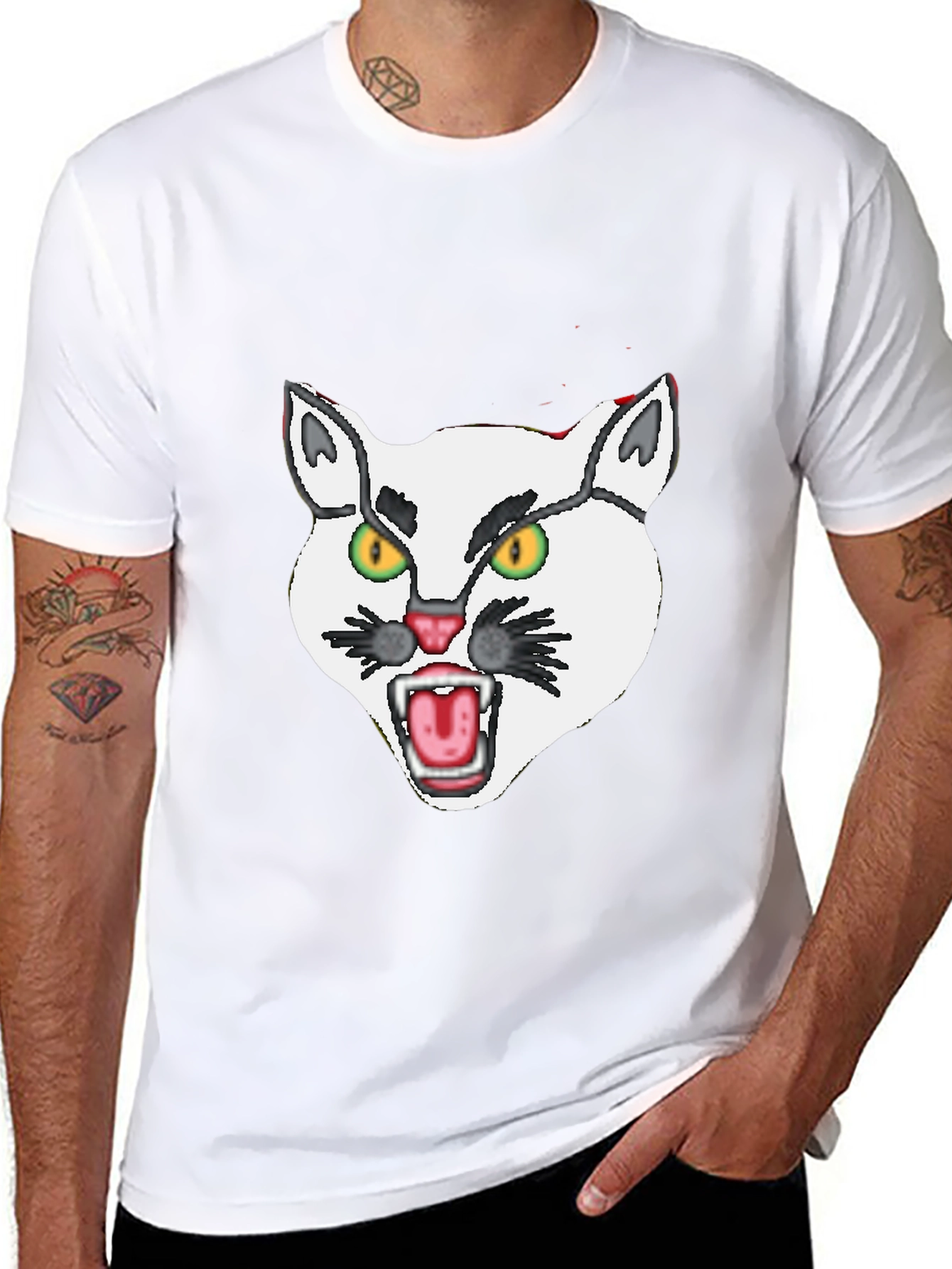 Mens Black T-Shirt with White Angry Cat Graphic