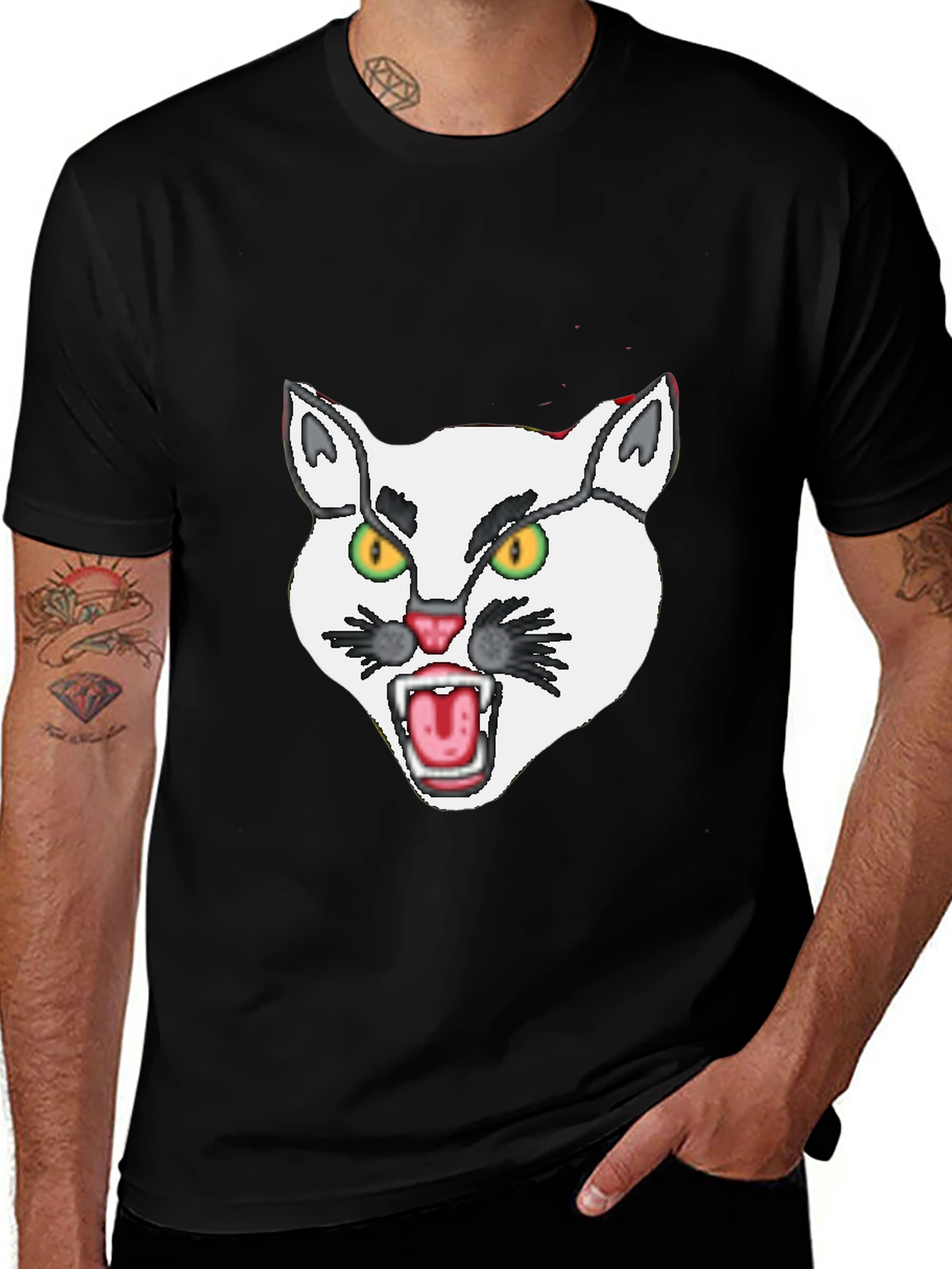 Mens Black T-Shirt with White Angry Cat Graphic