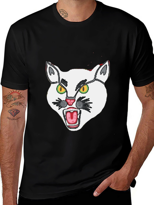 Mens Black T-Shirt with White Angry Cat Graphic