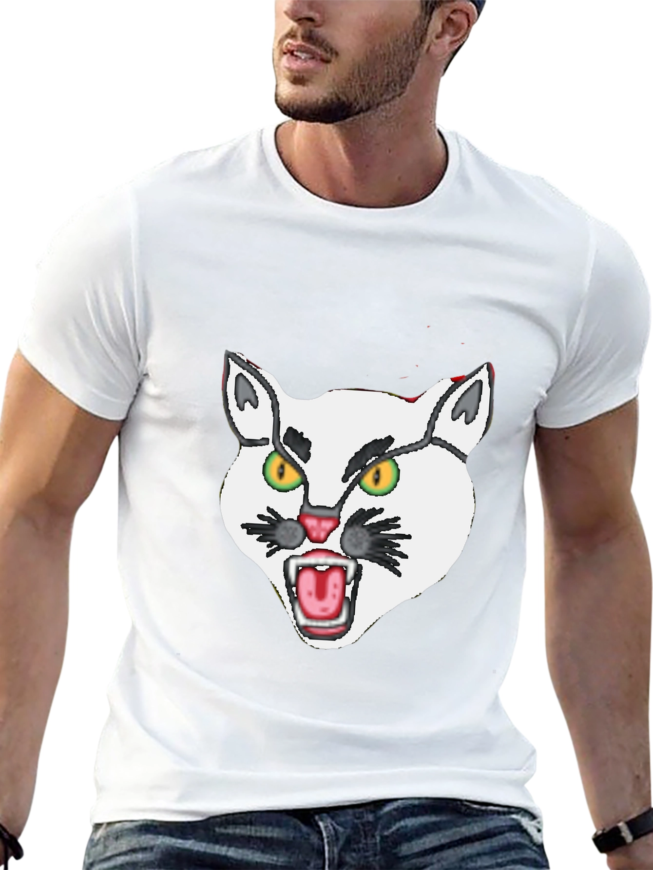 Mens Black T-Shirt with White Angry Cat Graphic