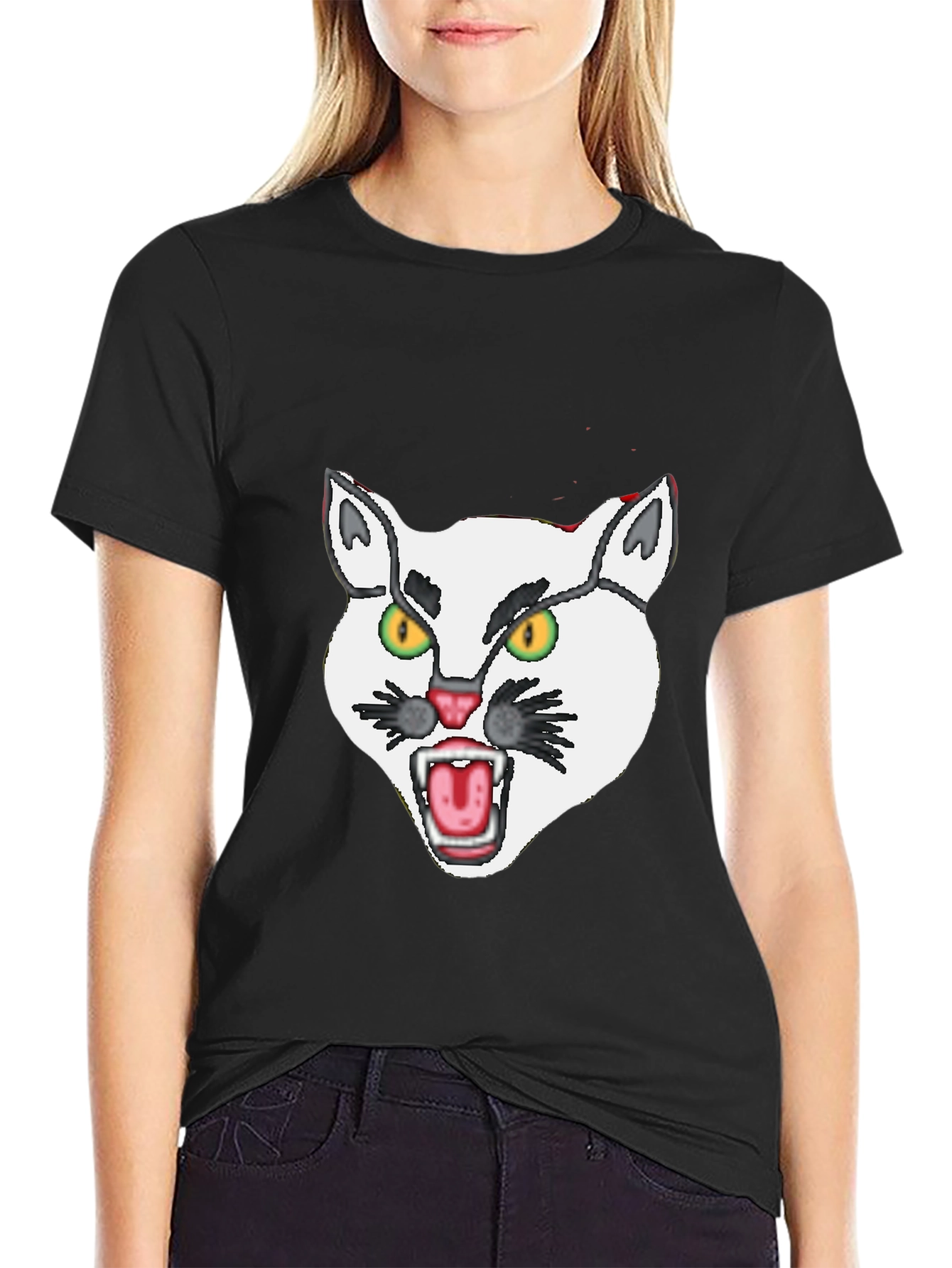 Mens Black T-Shirt with White Angry Cat Graphic