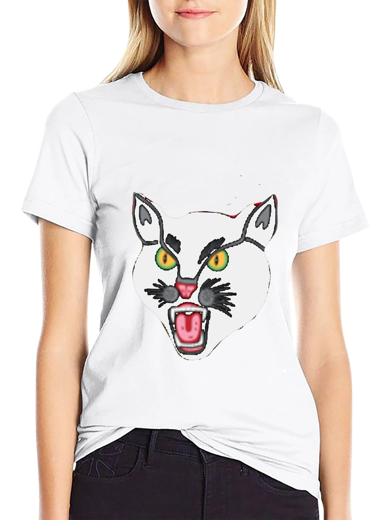 Mens Black T-Shirt with White Angry Cat Graphic