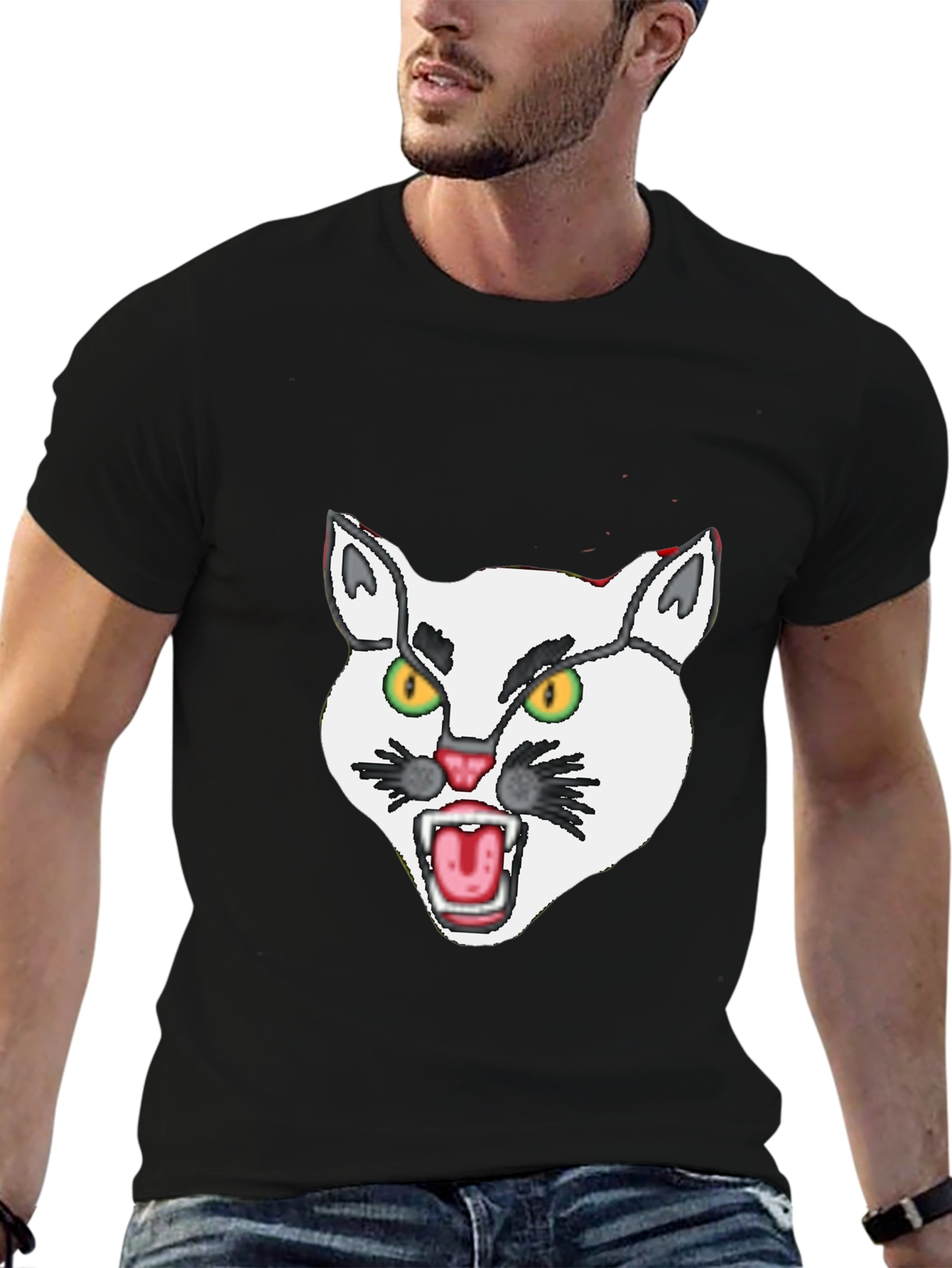 Mens Black T-Shirt with White Angry Cat Graphic