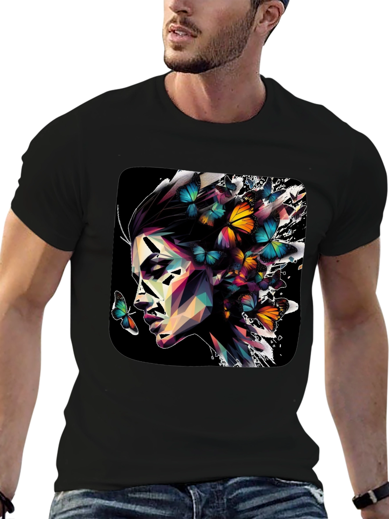 Butterfly Prism Face Graphic Black T-Shirt
