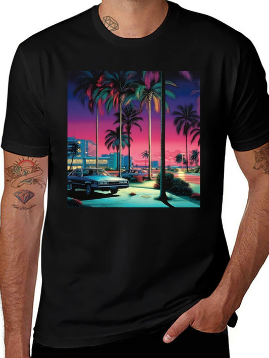 Retro Miami Vice Style Graphic Tee - Palm Trees & Cars