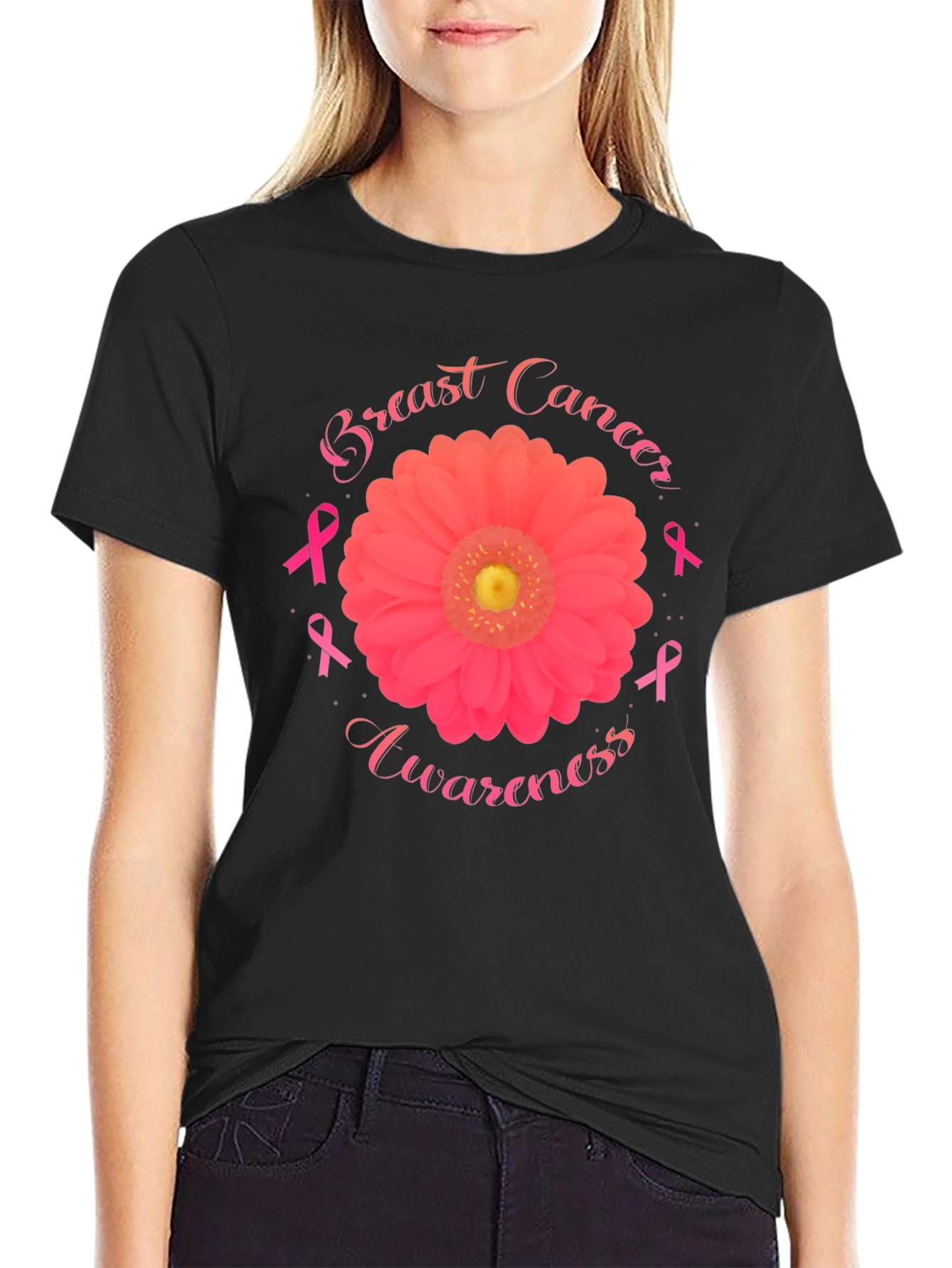 Breast Cancer Awareness T-Shirt Flower Ribbon