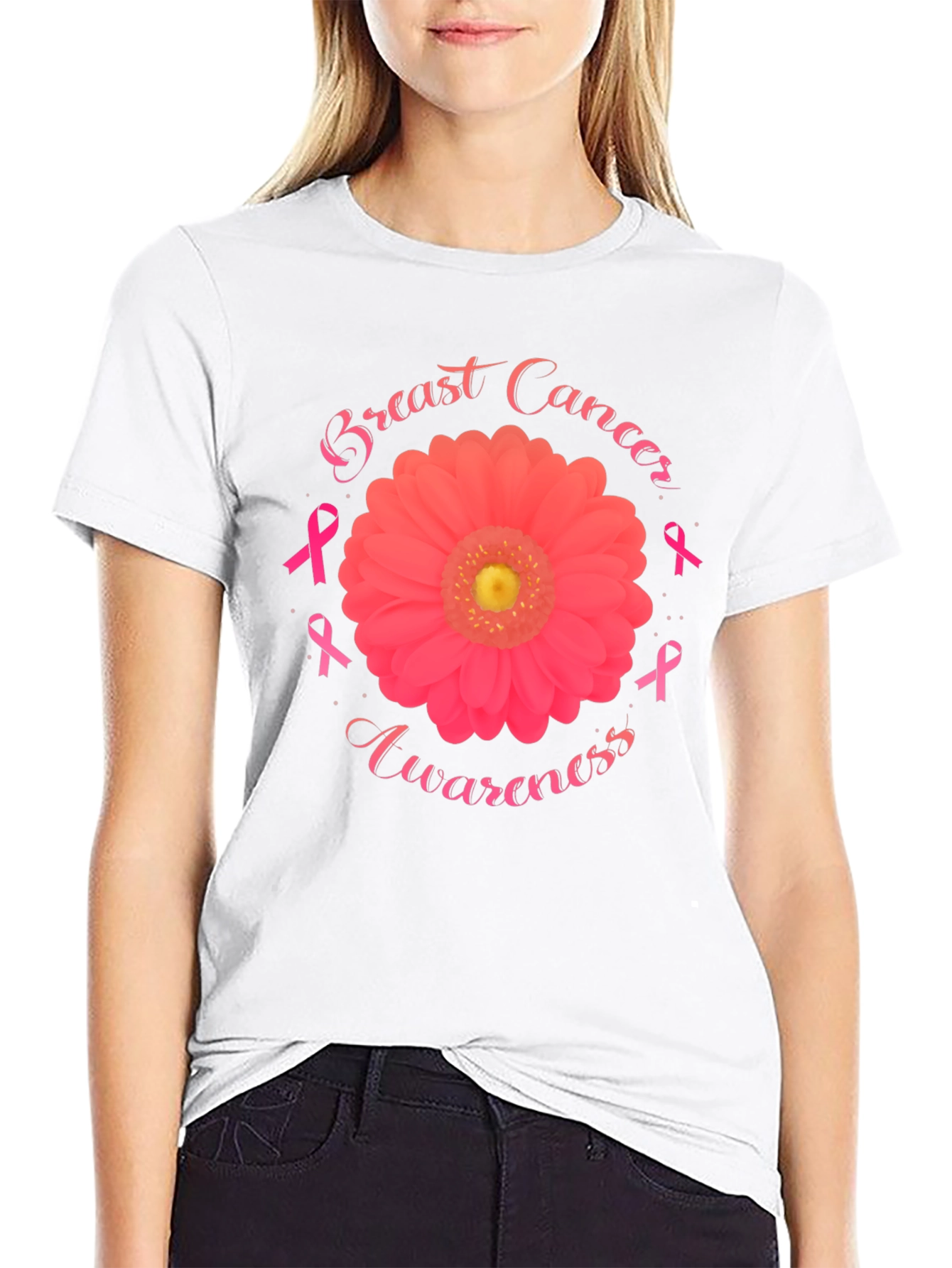 Breast Cancer Awareness T-Shirt Flower Ribbon
