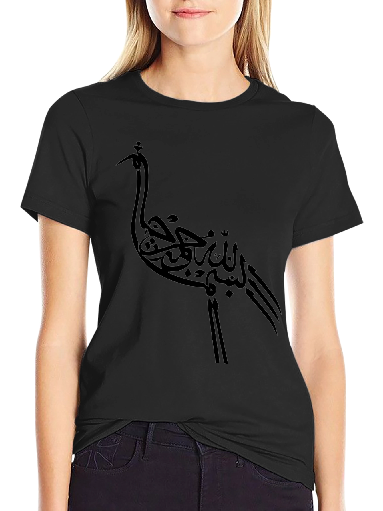 Stylish Black T-Shirt with Crane Design