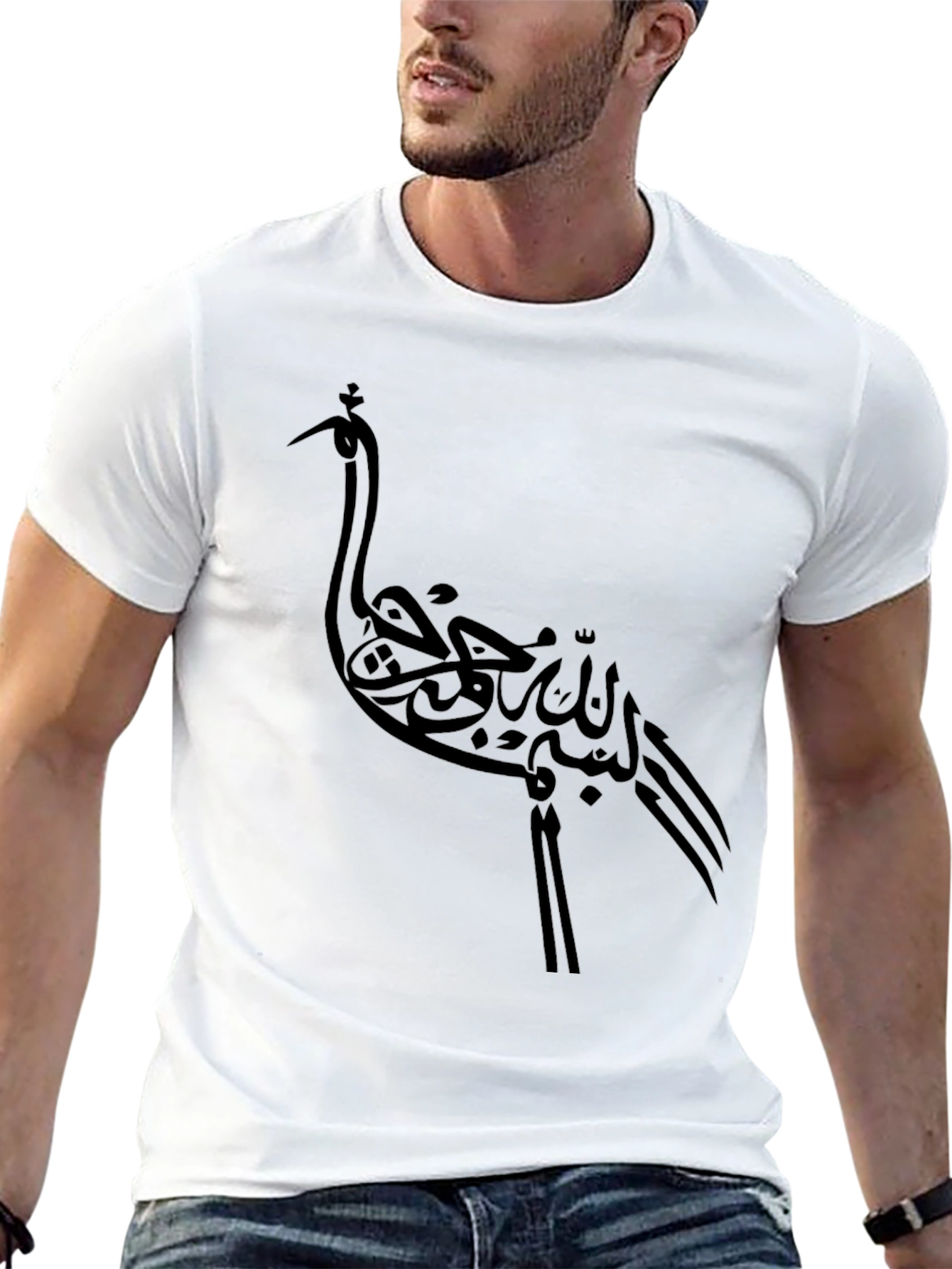Stylish Black T-Shirt with Crane Design