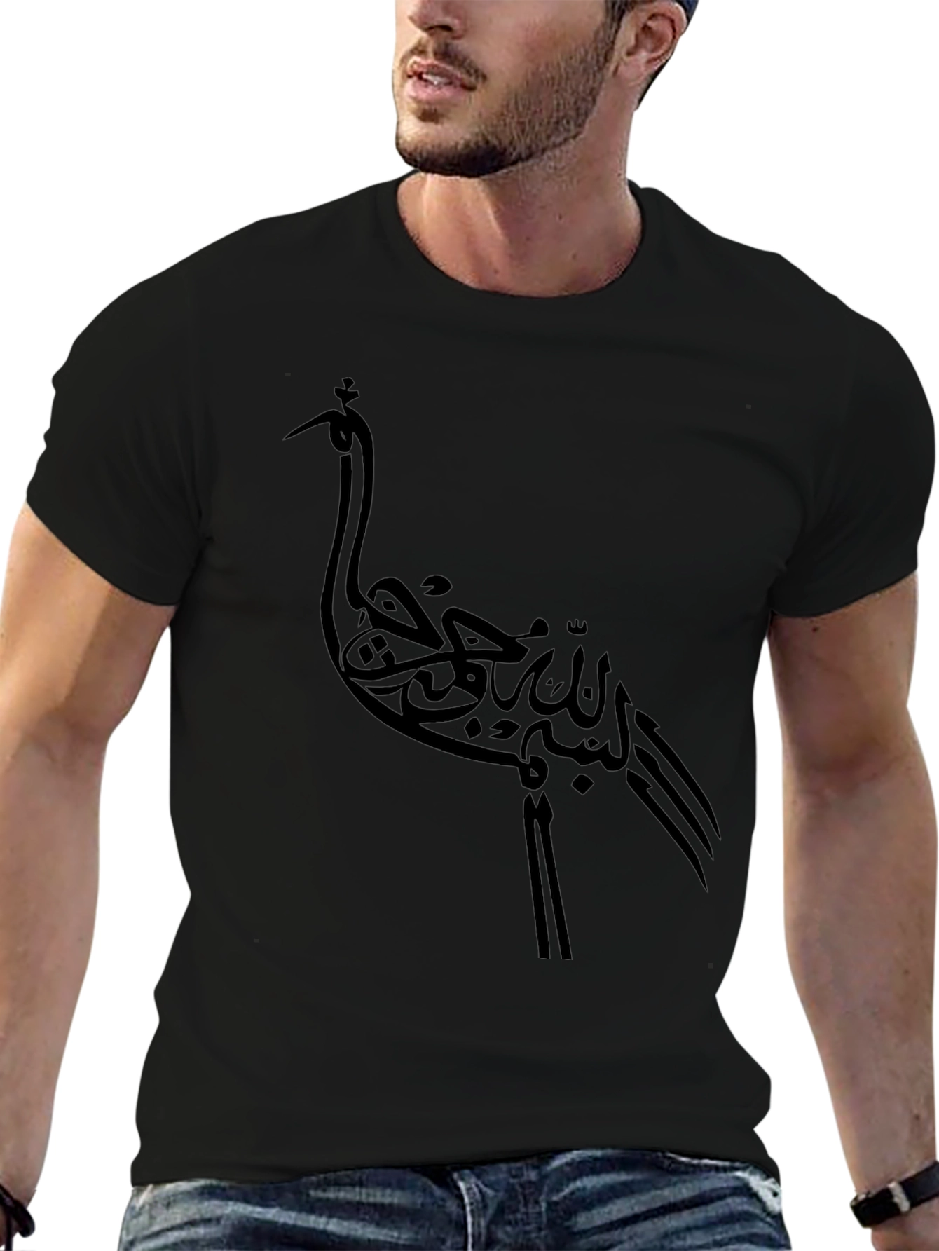Stylish Black T-Shirt with Crane Design