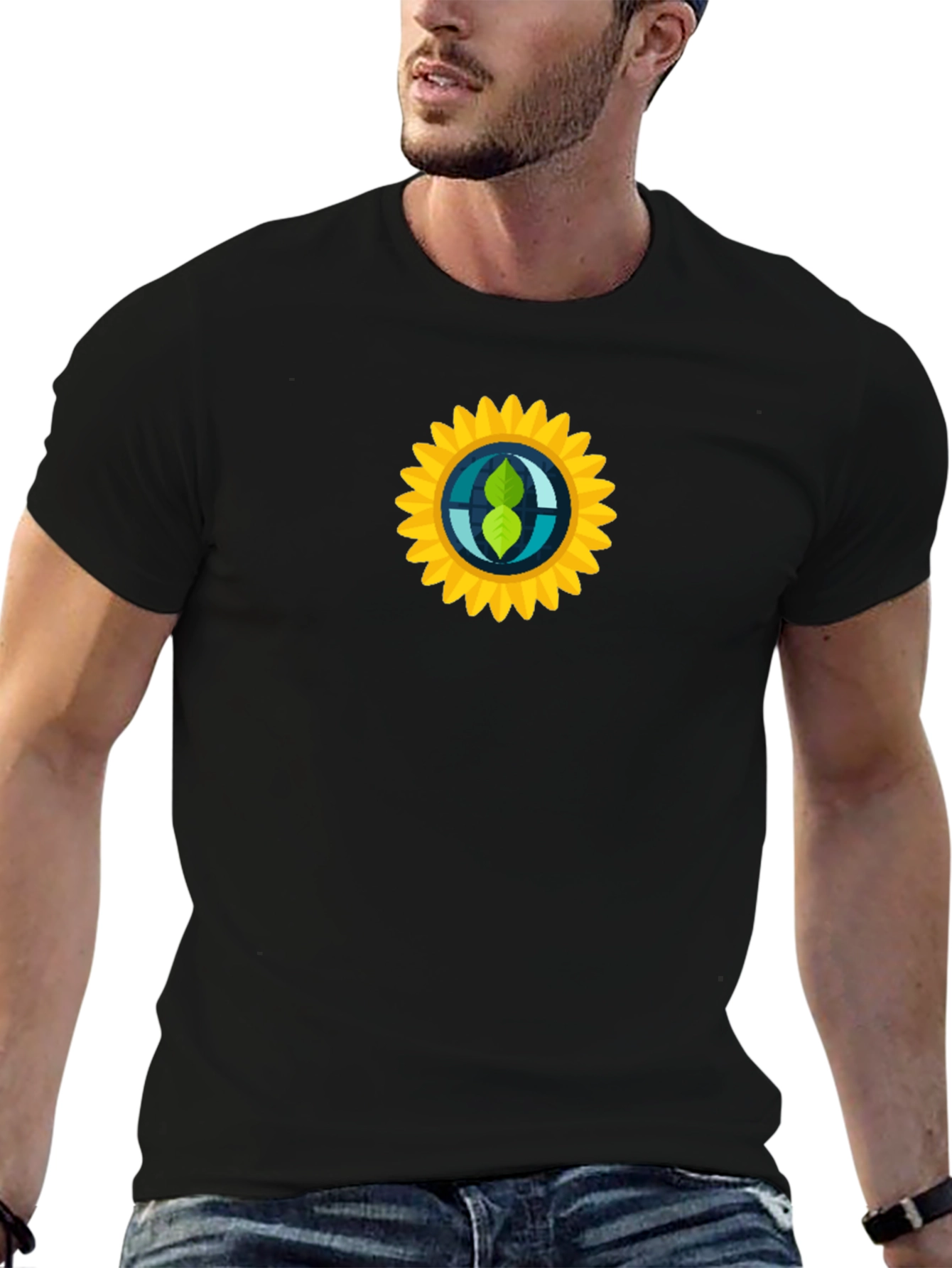 Black T-Shirt with Sunflower Graphic Print