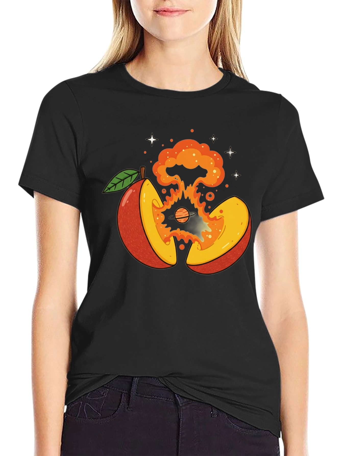 Cosmic Peach Graphic Tee - Black Cotton T-Shirt