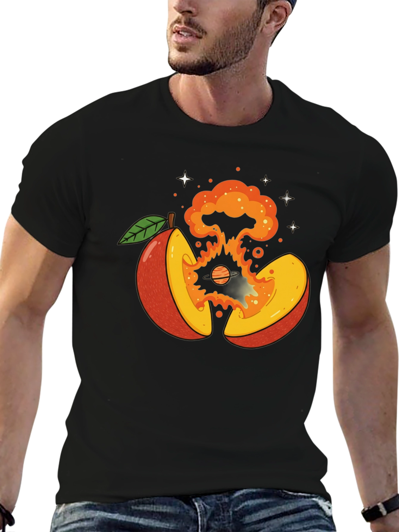 Cosmic Peach Graphic Tee - Black Cotton T-Shirt
