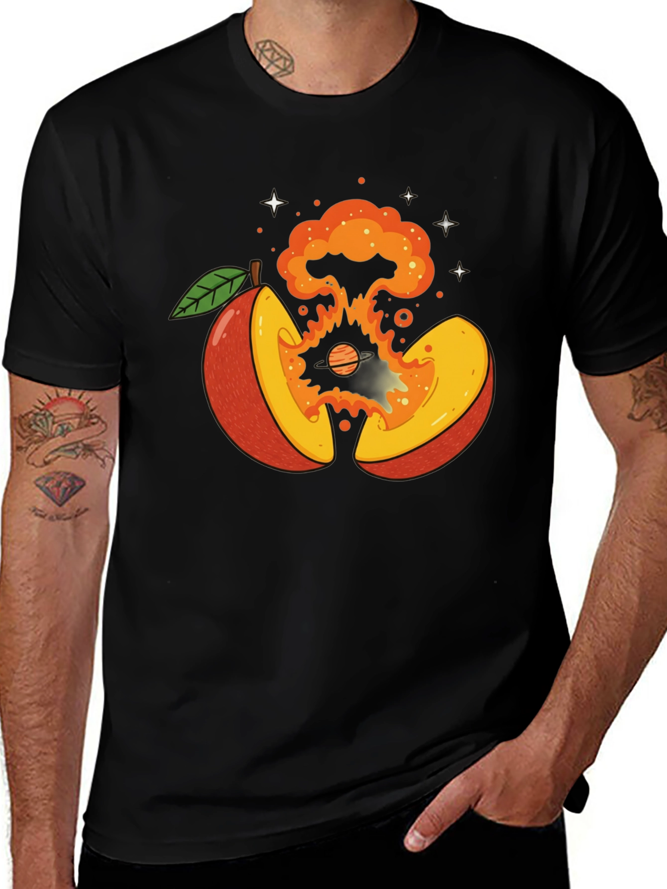 Cosmic Peach Graphic Tee - Black Cotton T-Shirt