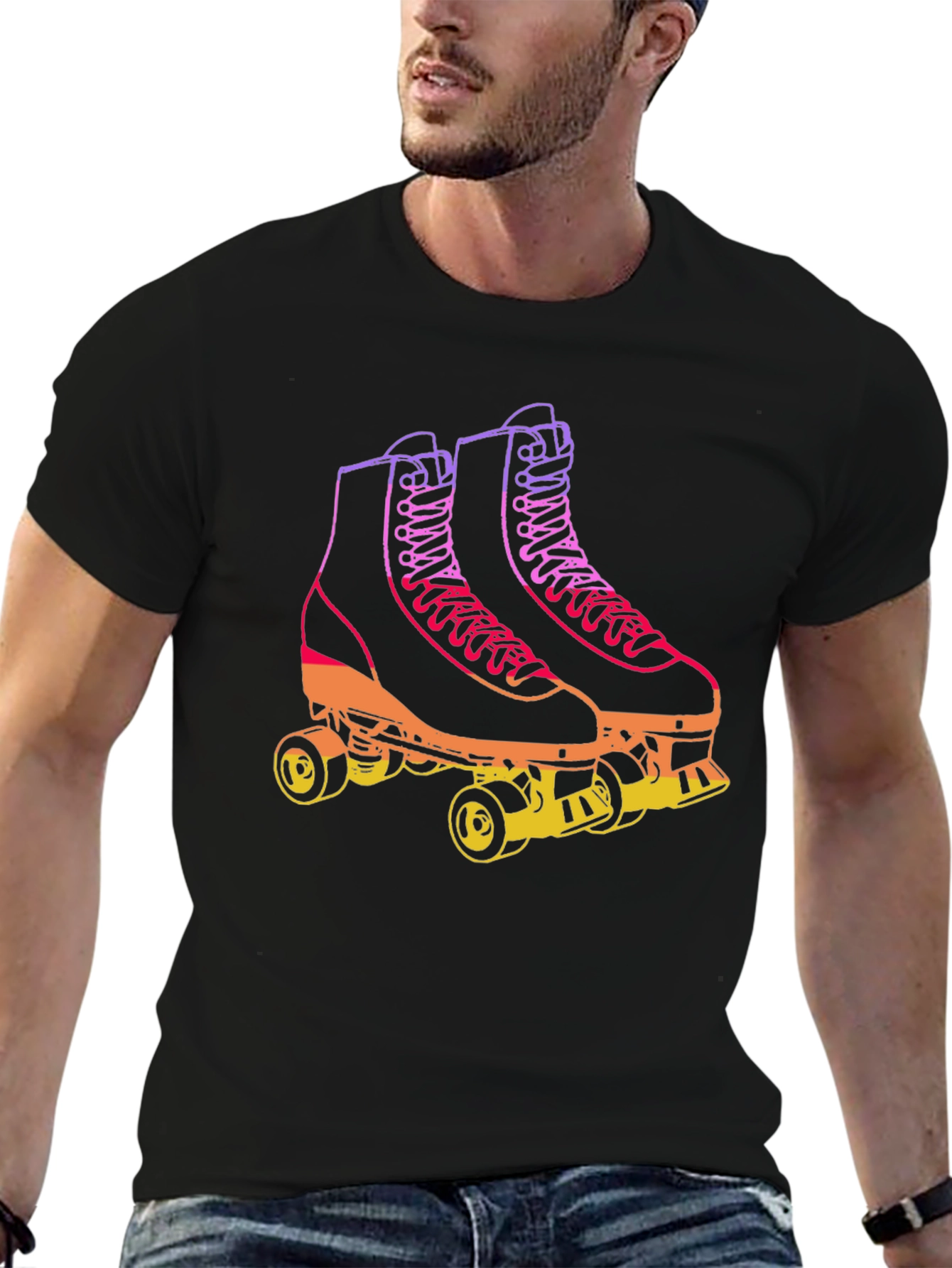 Retro Roller Skate Graphic Tee - Black Cotton Blend