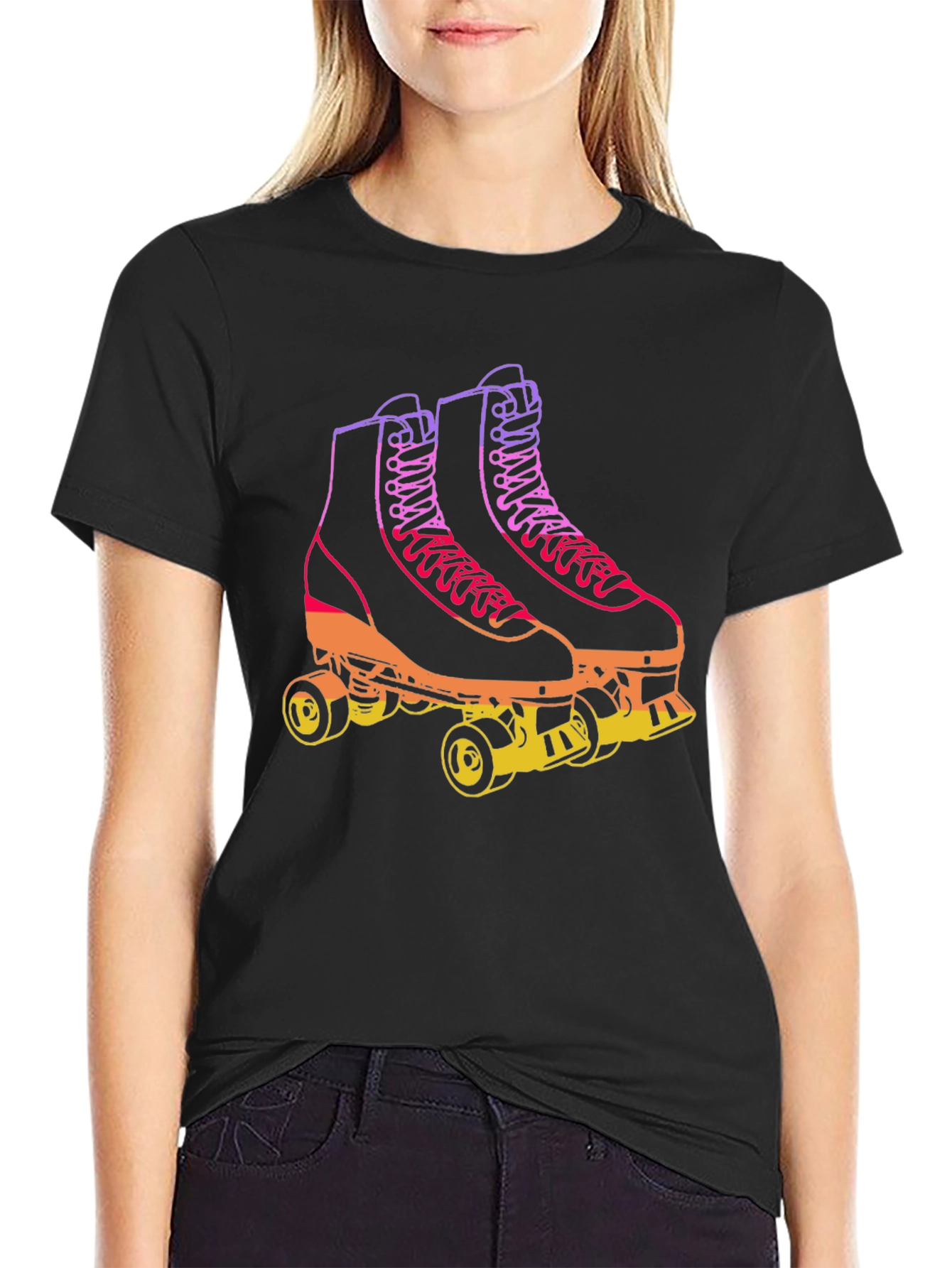 Retro Roller Skate Graphic Tee - Black Cotton Blend