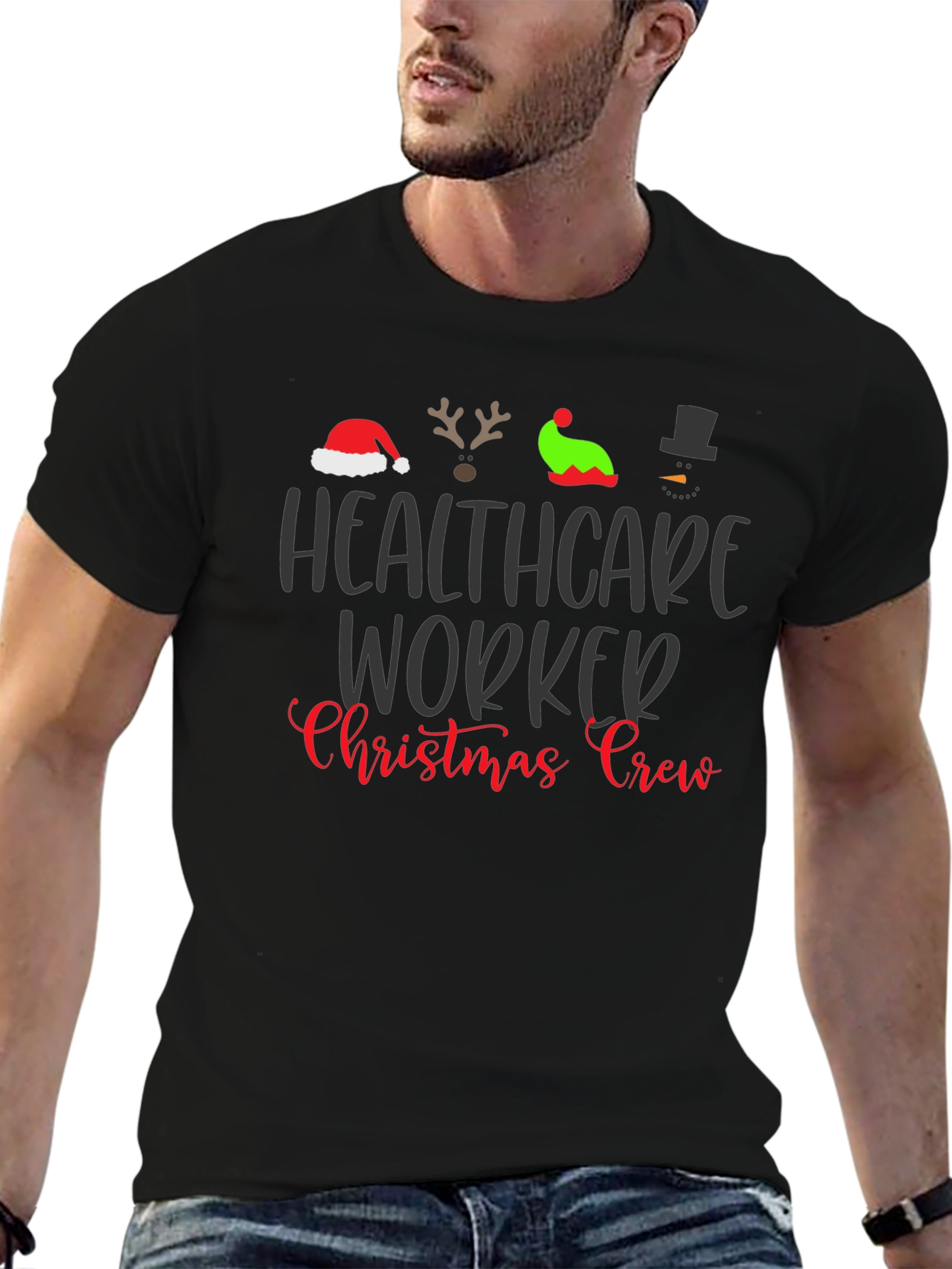 Healthcare Worker Christmas Crew Black T-Shirt