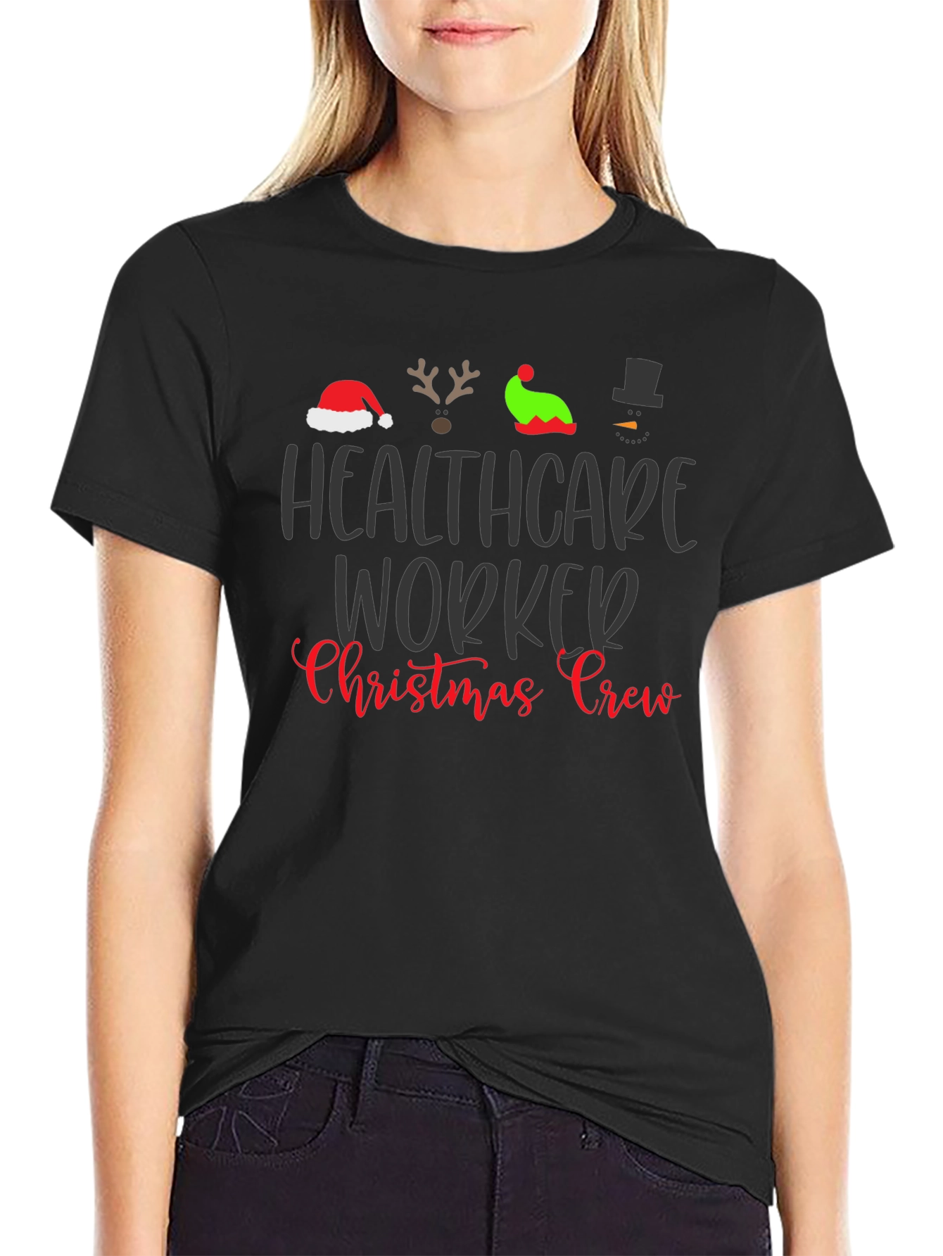 Healthcare Worker Christmas Crew Black T-Shirt