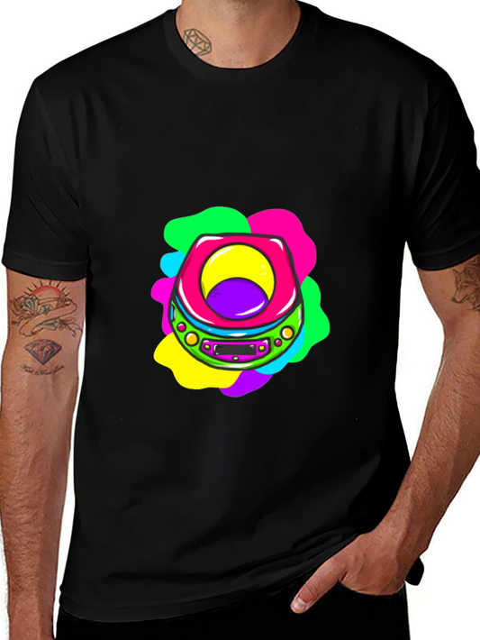 Retro CD Player Graphic Tee - Black Cotton T-Shirt