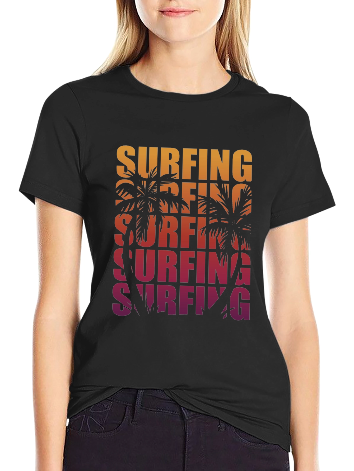 Surfing Palm Tree Graphic Tee - Retro Style
