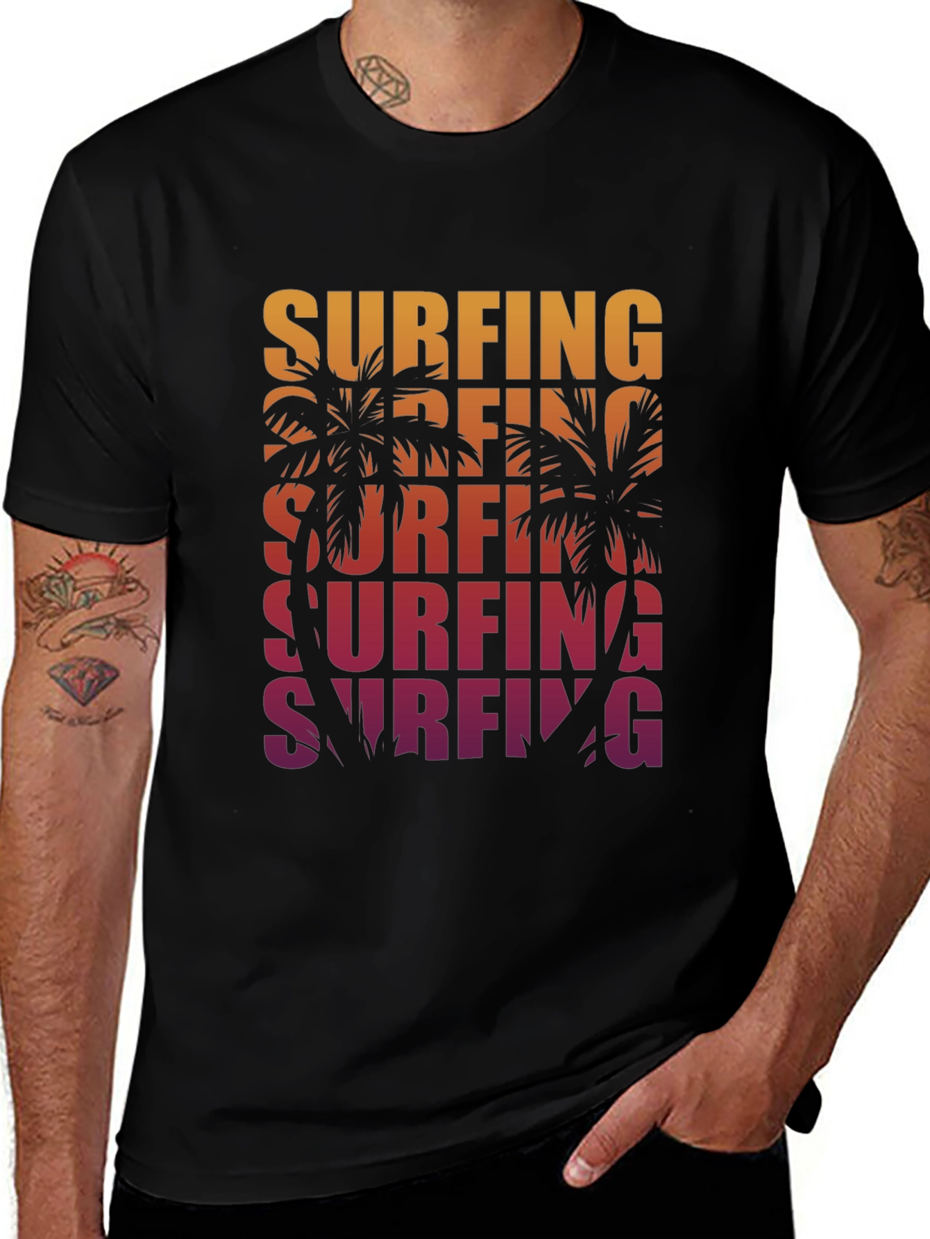 Surfing Palm Tree Graphic Tee - Retro Style
