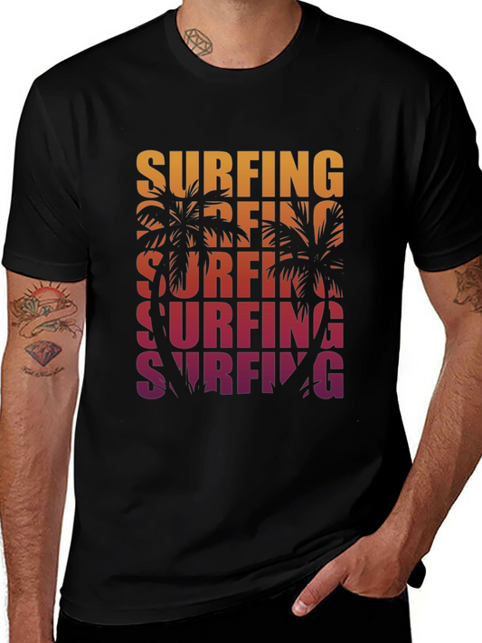 Surfing Palm Tree Graphic Tee - Retro Style