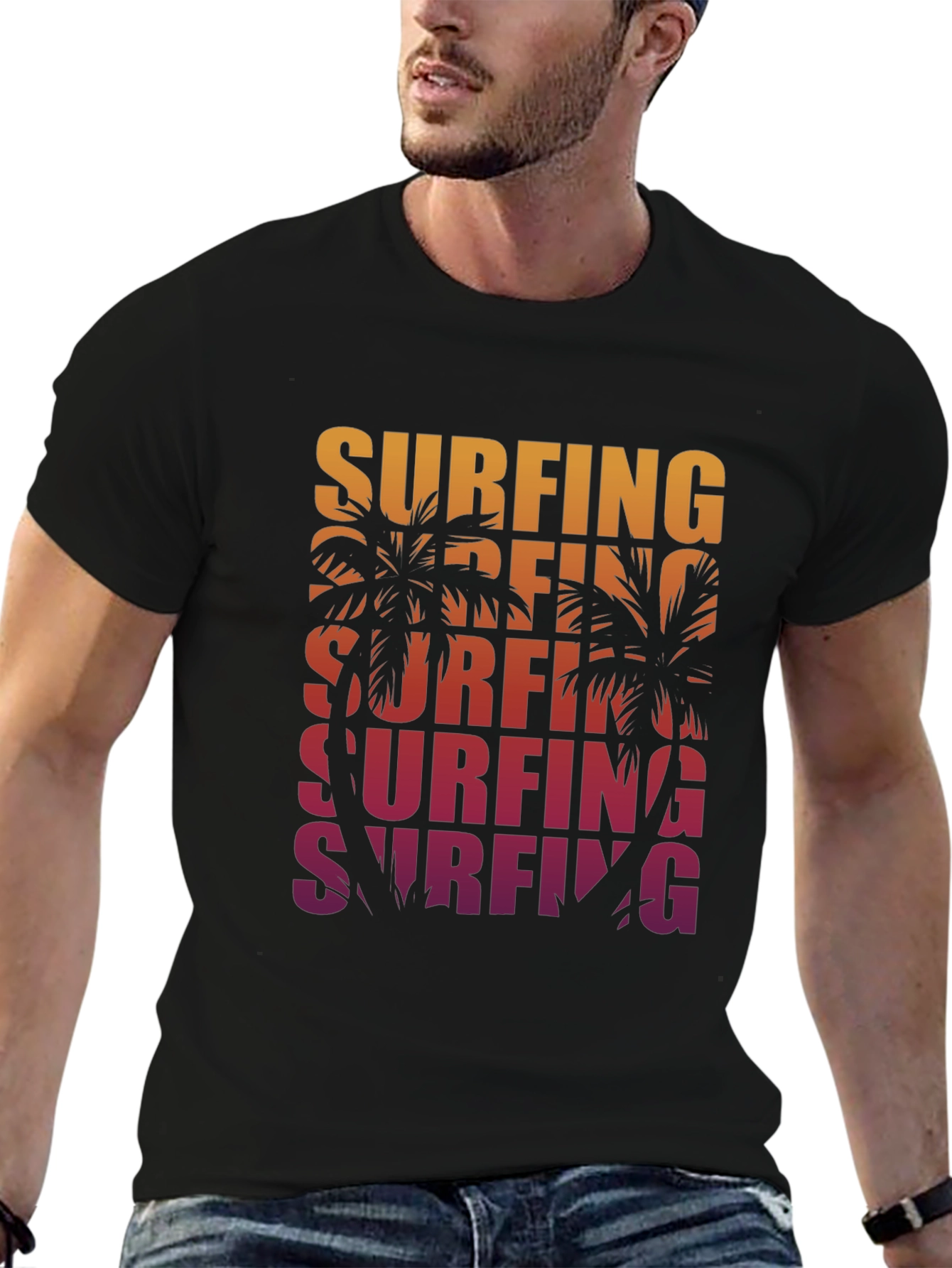Surfing Palm Tree Graphic Tee - Retro Style