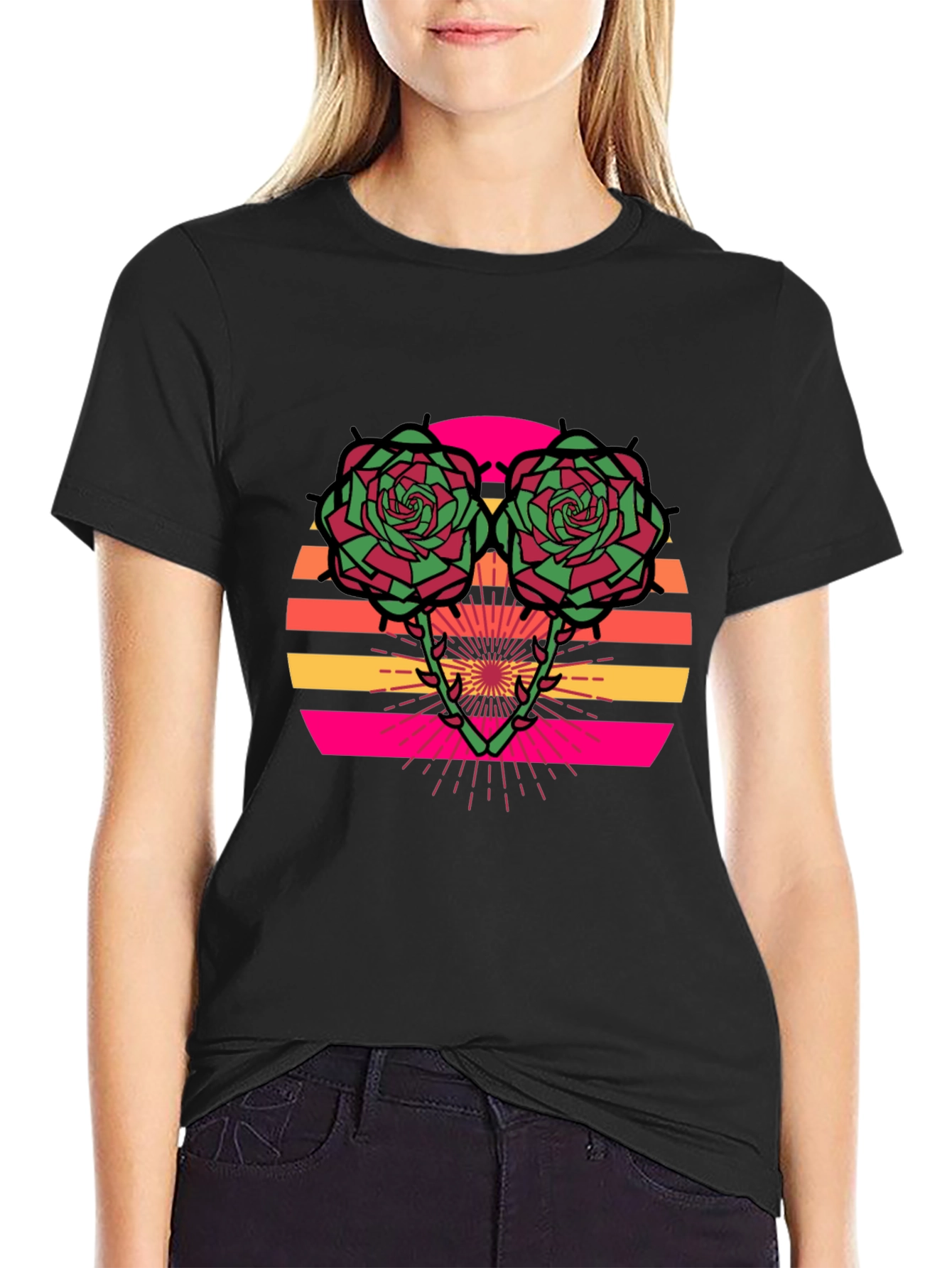 Retro Rose Sunset Graphic Tee - Stylish Black T-Shirt