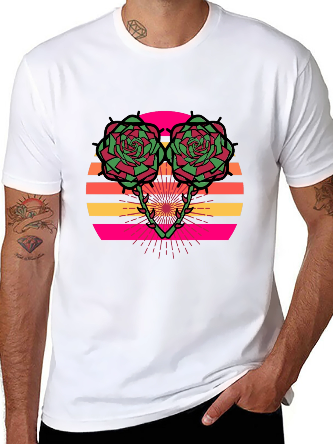 Retro Rose Sunset Graphic Tee - Stylish Black T-Shirt