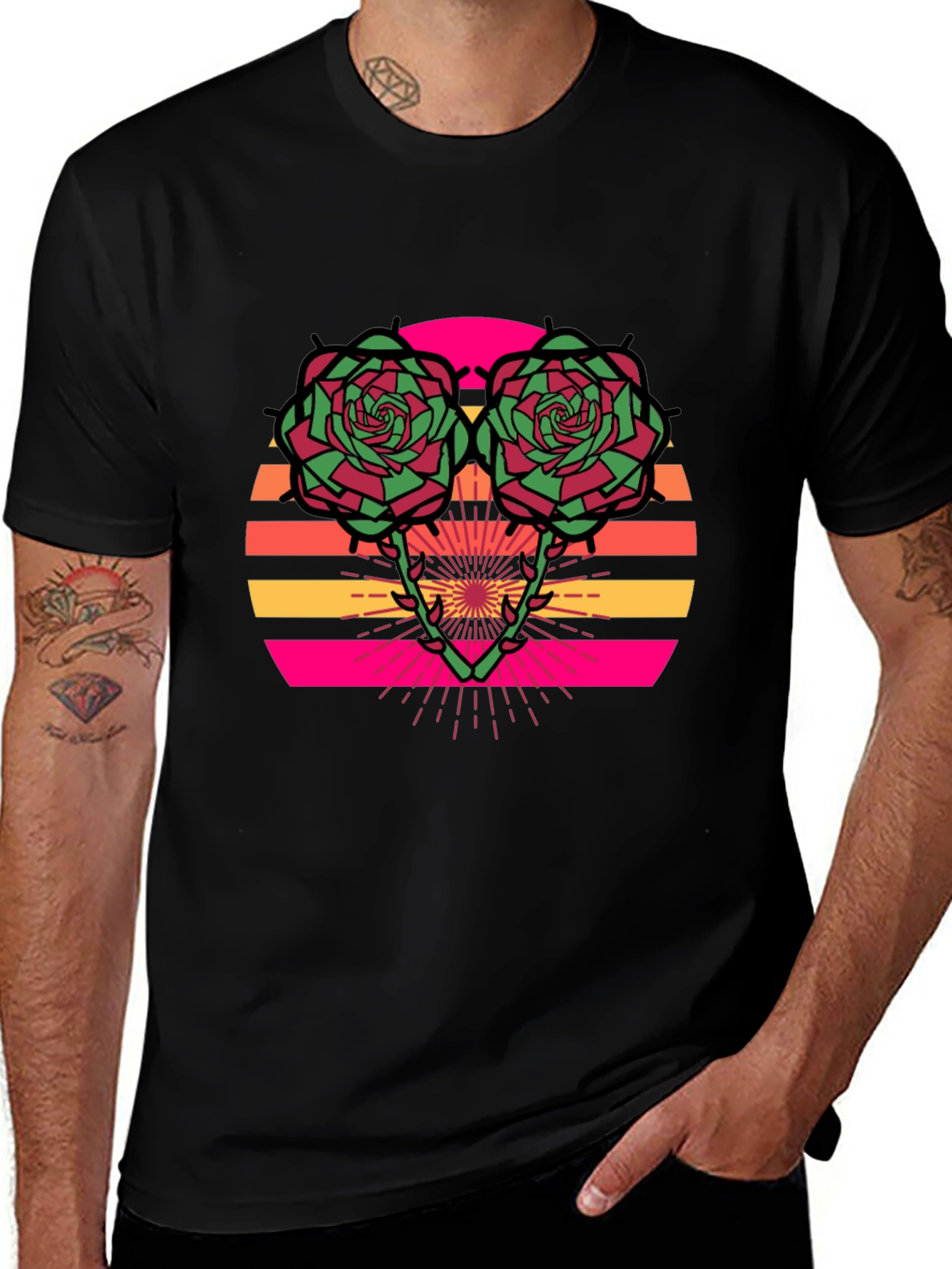 Retro Rose Sunset Graphic Tee - Stylish Black T-Shirt