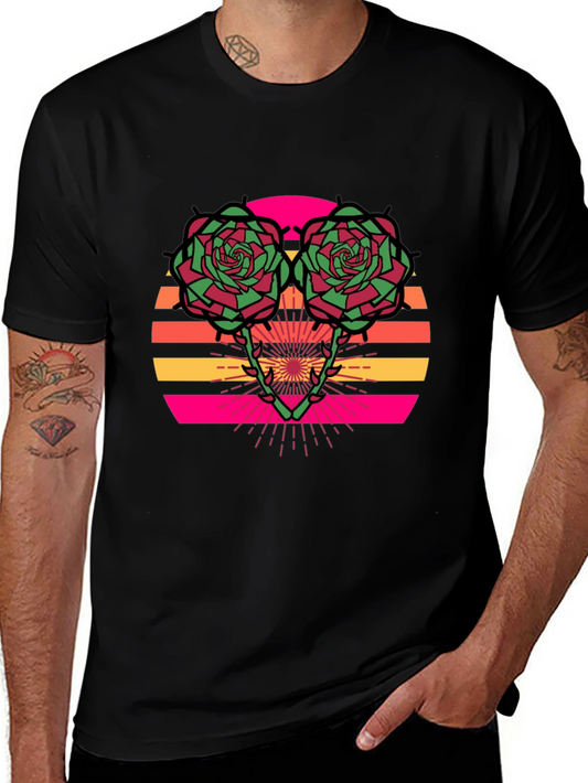 Retro Rose Sunset Graphic Tee - Stylish Black T-Shirt
