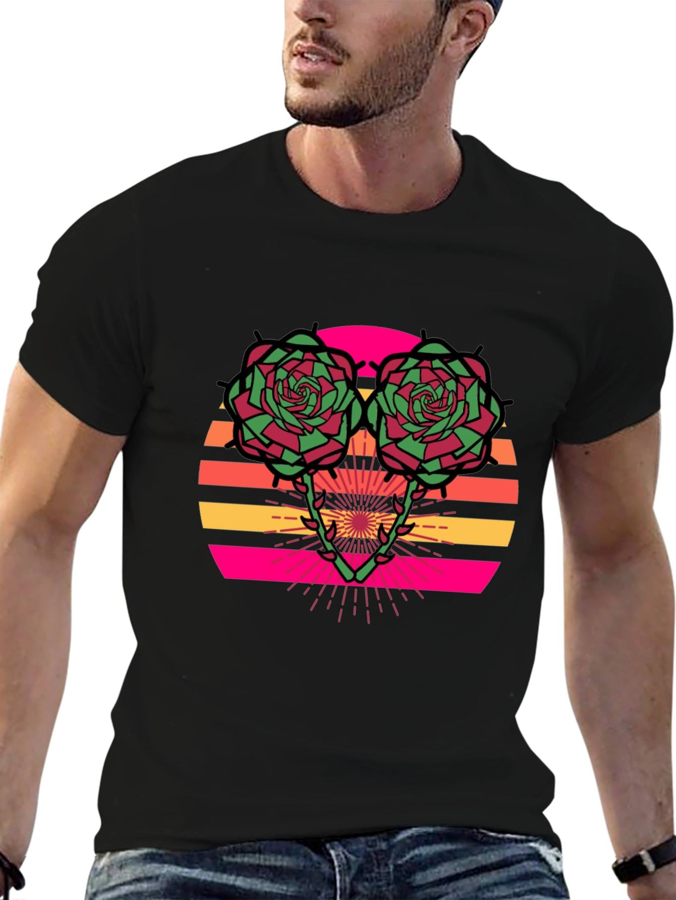 Retro Rose Sunset Graphic Tee - Stylish Black T-Shirt