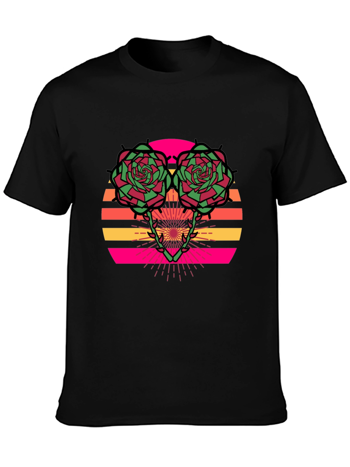 Retro Rose Sunset Graphic Tee - Stylish Black T-Shirt