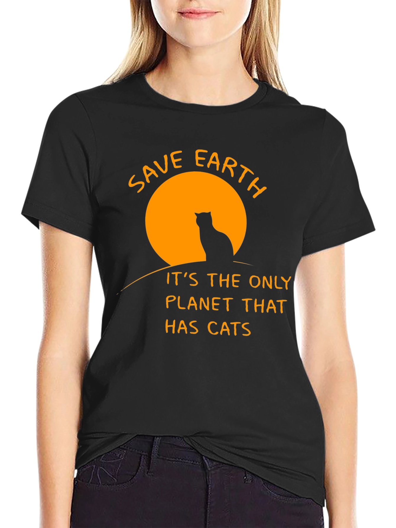 Save Earth Cats T-Shirt - Black Cotton Crew Neck