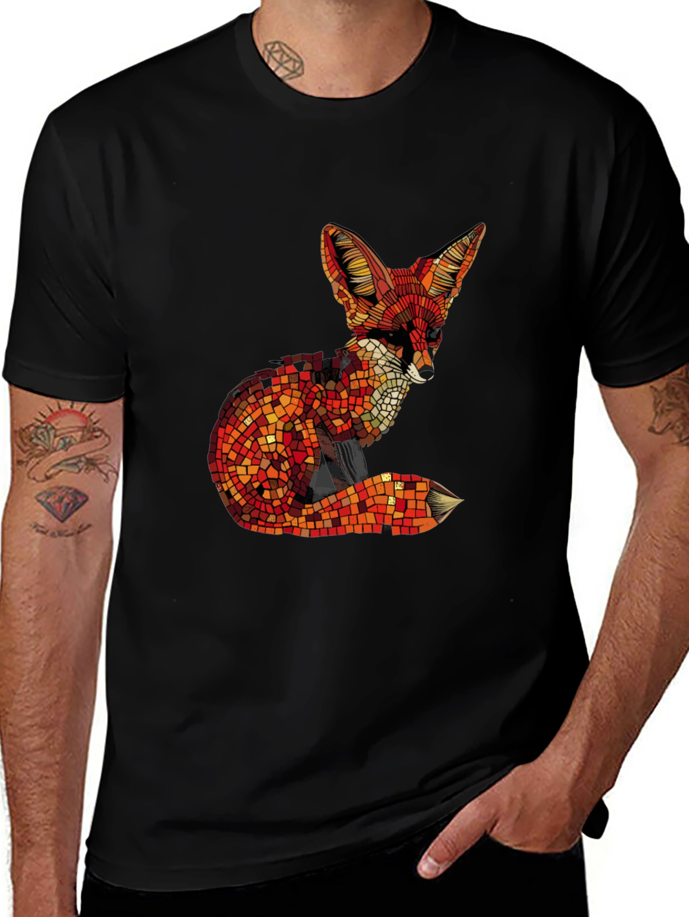 Geometric Fox Graphic Tee - Stylish Mens Black T-Shirt