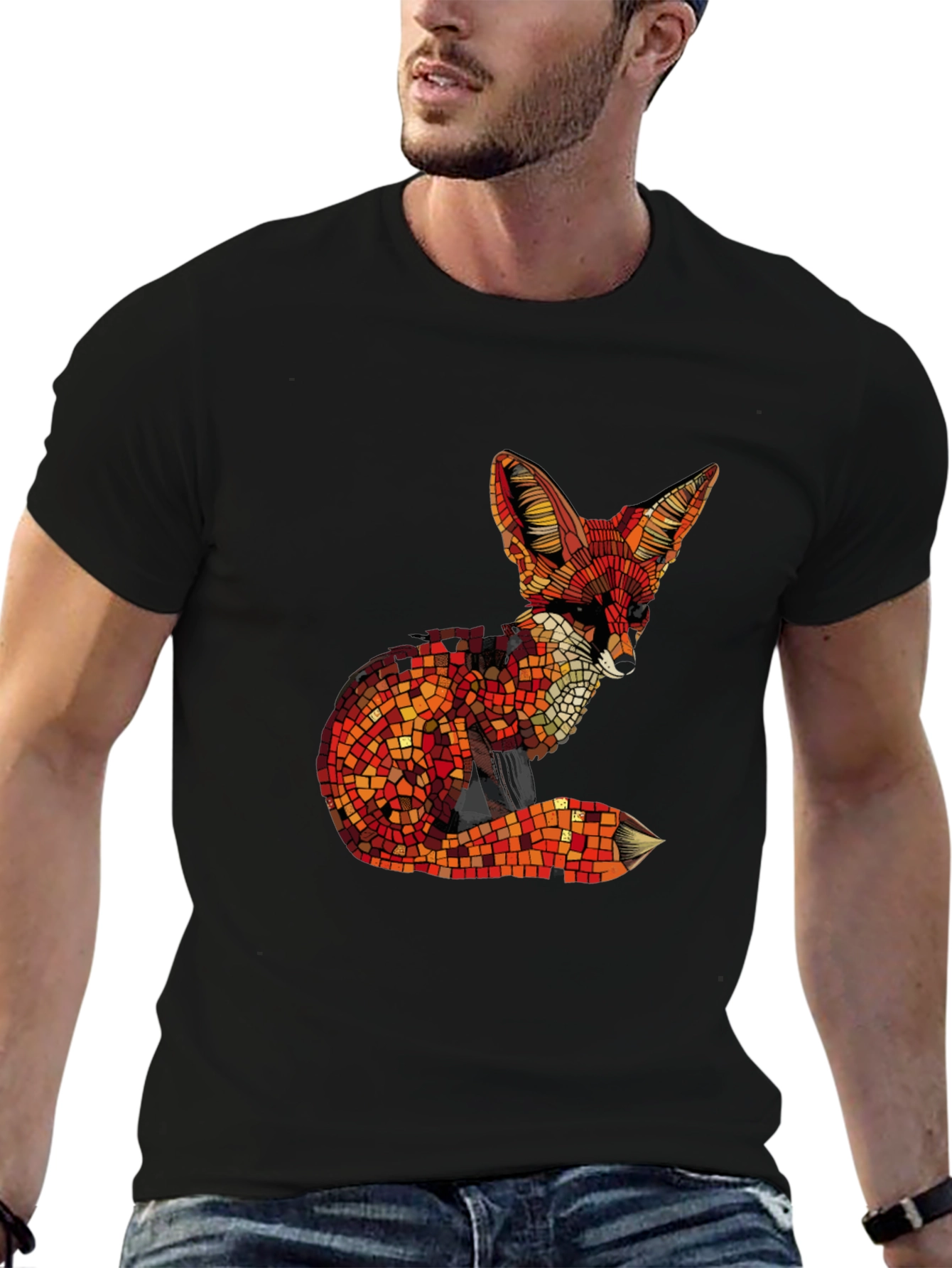 Geometric Fox Graphic Tee - Stylish Mens Black T-Shirt