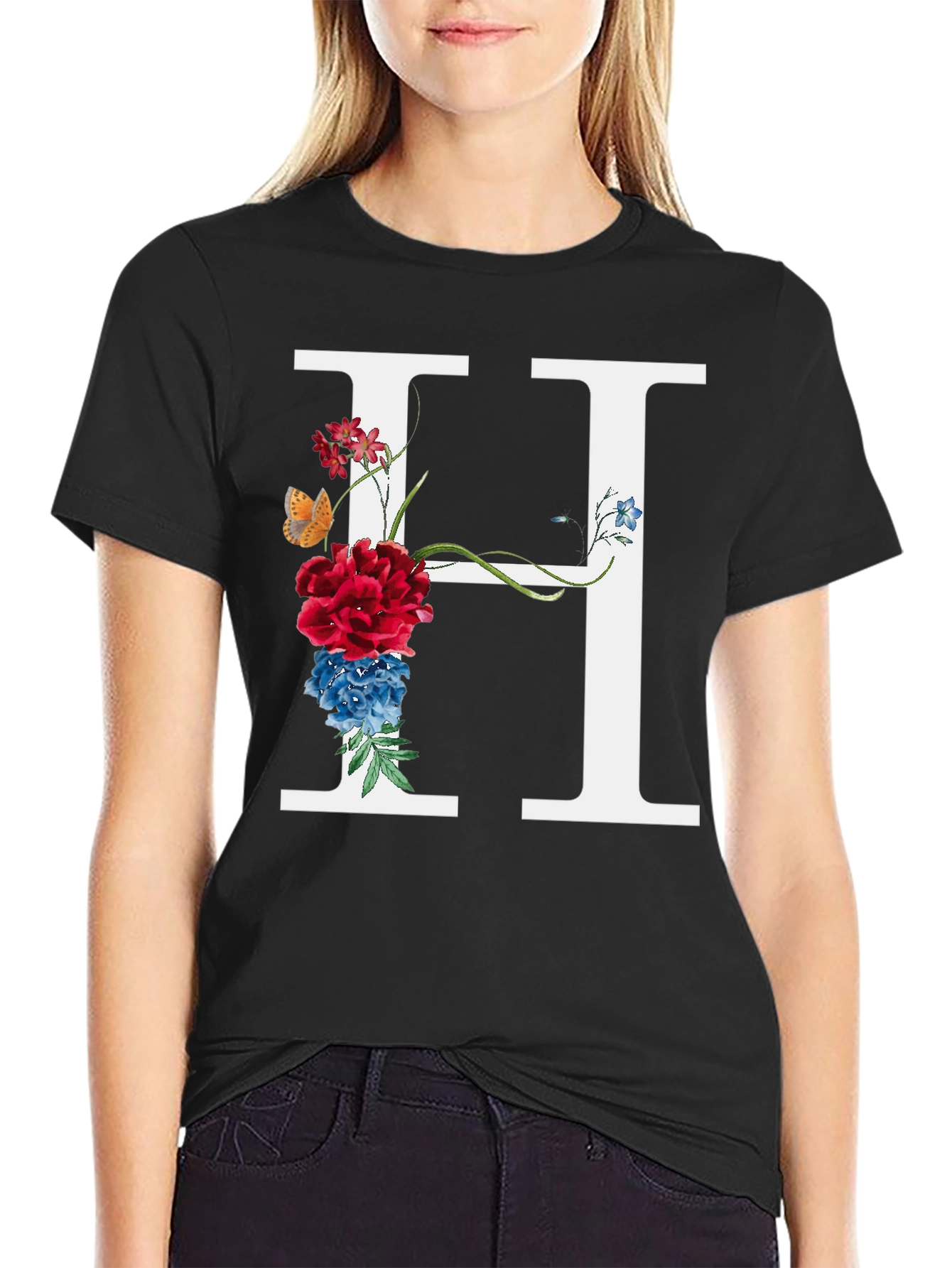 Floral Letter H T-Shirt - Botanical Initial Tee