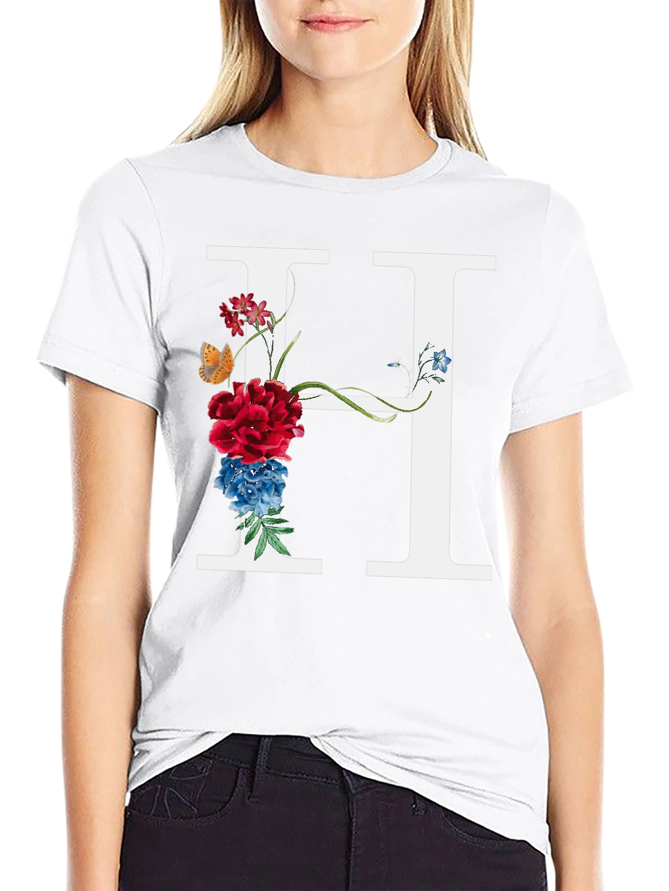 Floral Letter H T-Shirt - Botanical Initial Tee