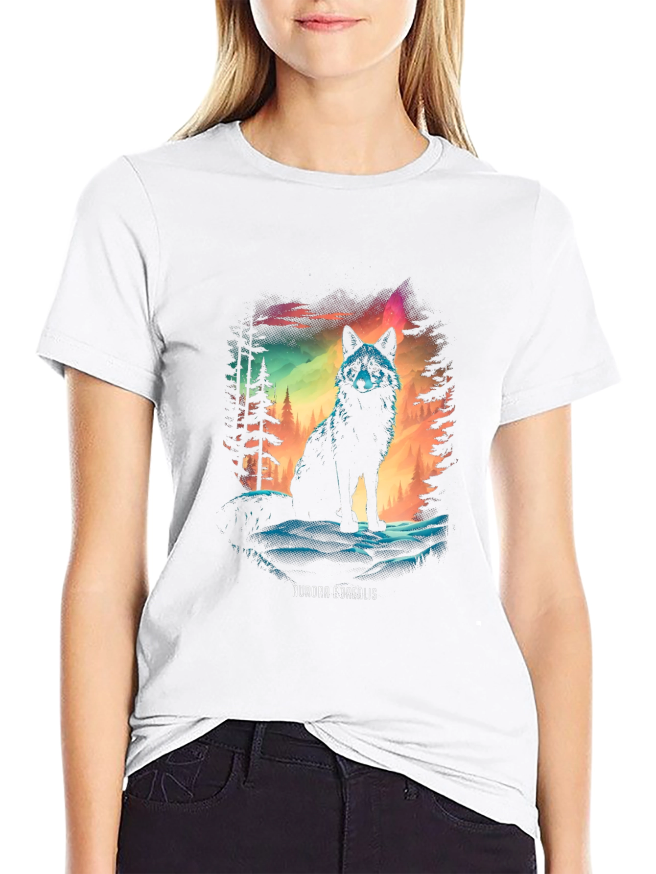 Aurora Borealis Wolf Graphic T-Shirt
