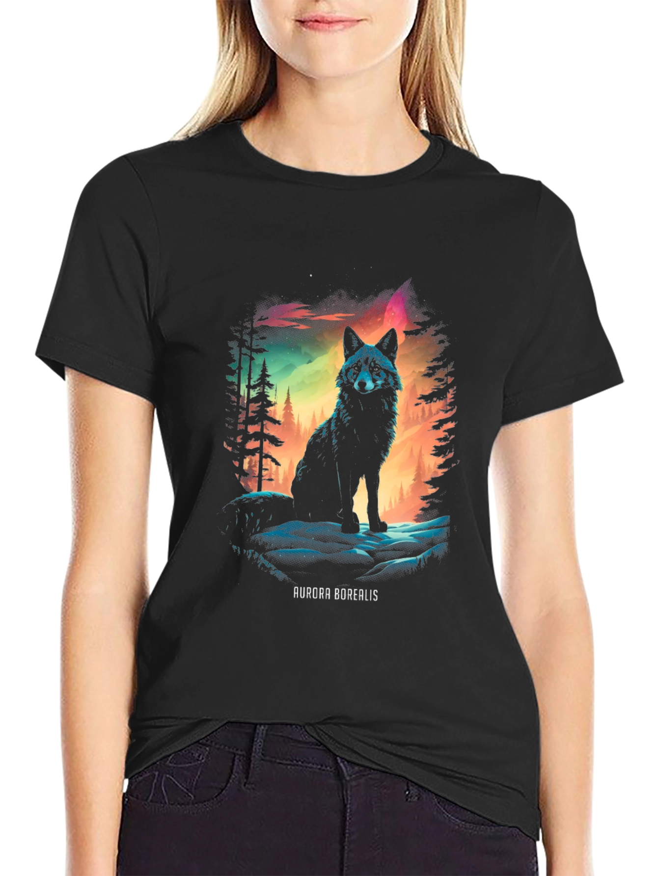 Aurora Borealis Wolf Graphic T-Shirt