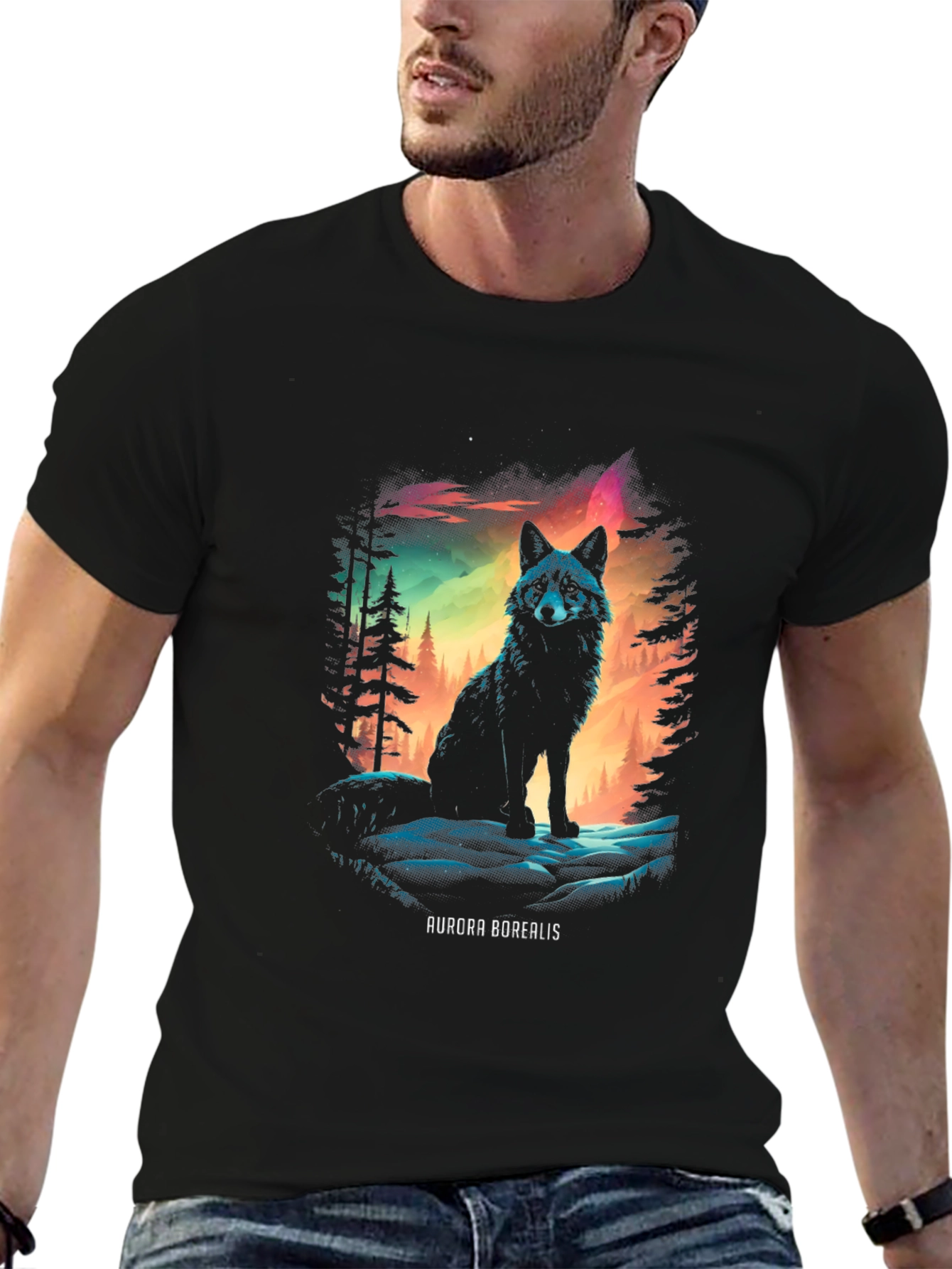 Aurora Borealis Wolf Graphic T-Shirt