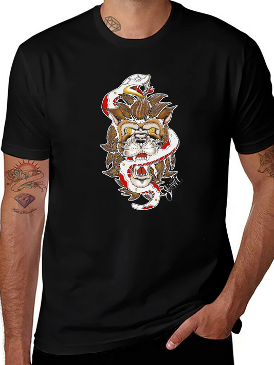 Wolf & Snake Graphic Tee - Bold Black Cotton T-Shirt