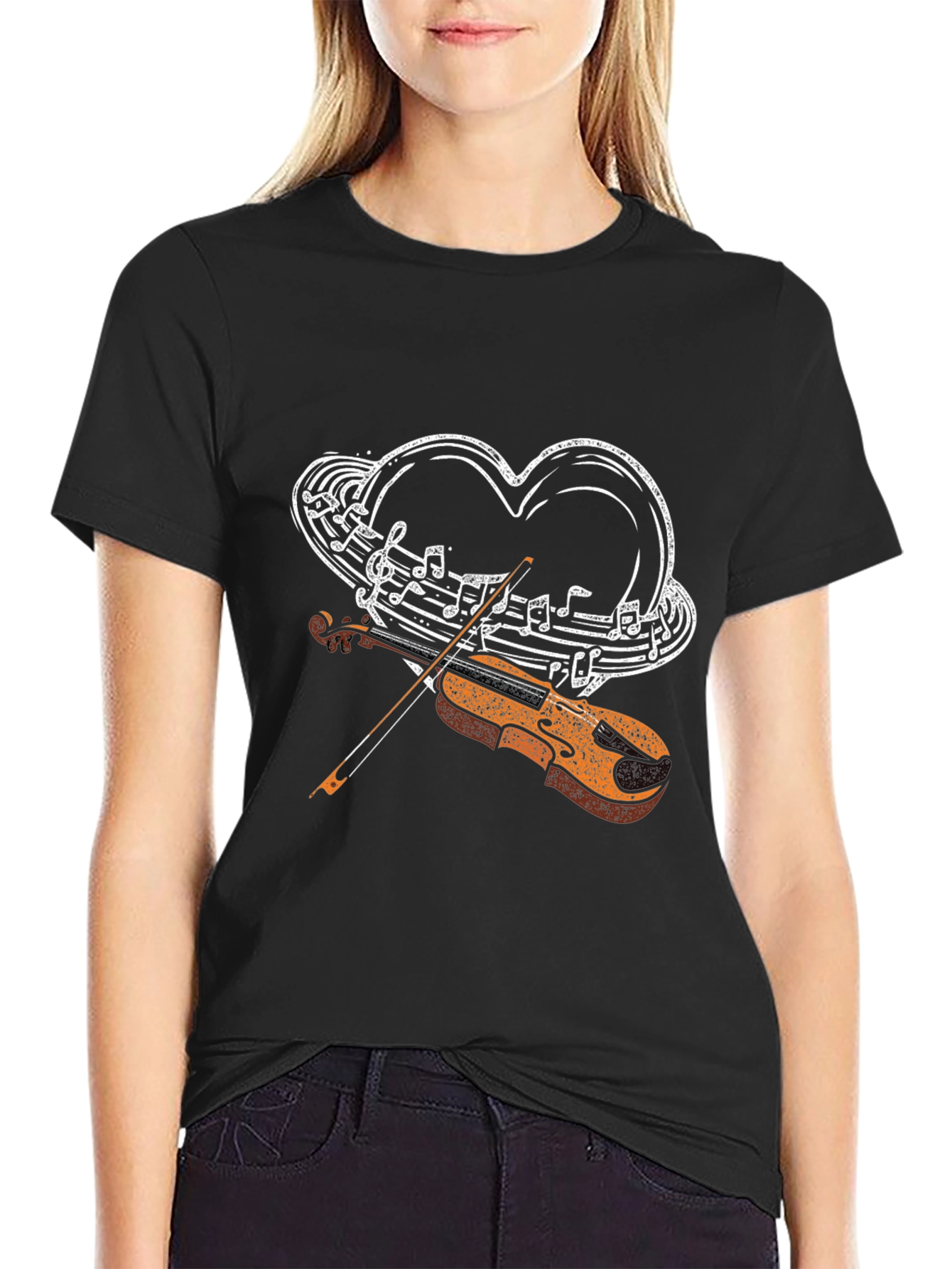 Musical Heart Violin Graphic Tee - Black Casual Style