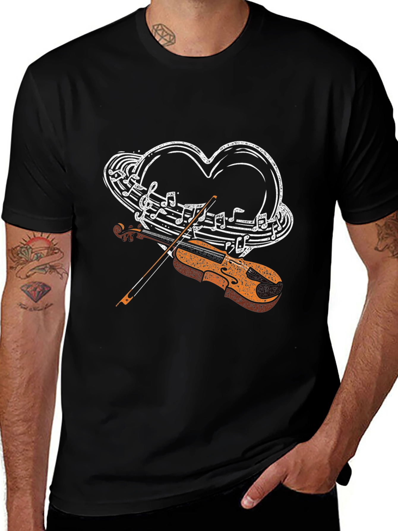Musical Heart Violin Graphic Tee - Black Casual Style